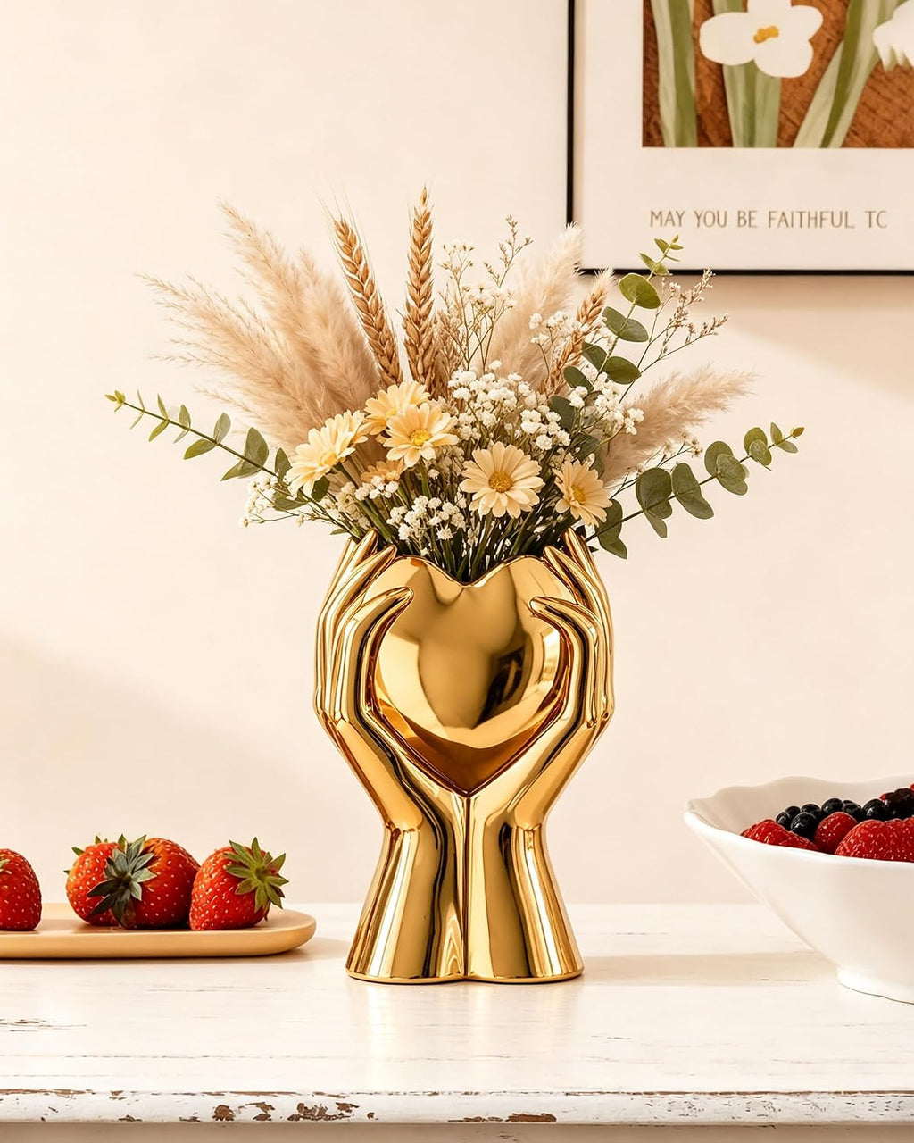 8" Heart Hand Gold Ceramic Vase - Unique Modern Aesthetic Flowers Vase for Living Room Bedroom Office Kitchen Table Centerpiece or Shelf Decor-Gifts for Wedding Bridal Shower Women Mom (Gold)