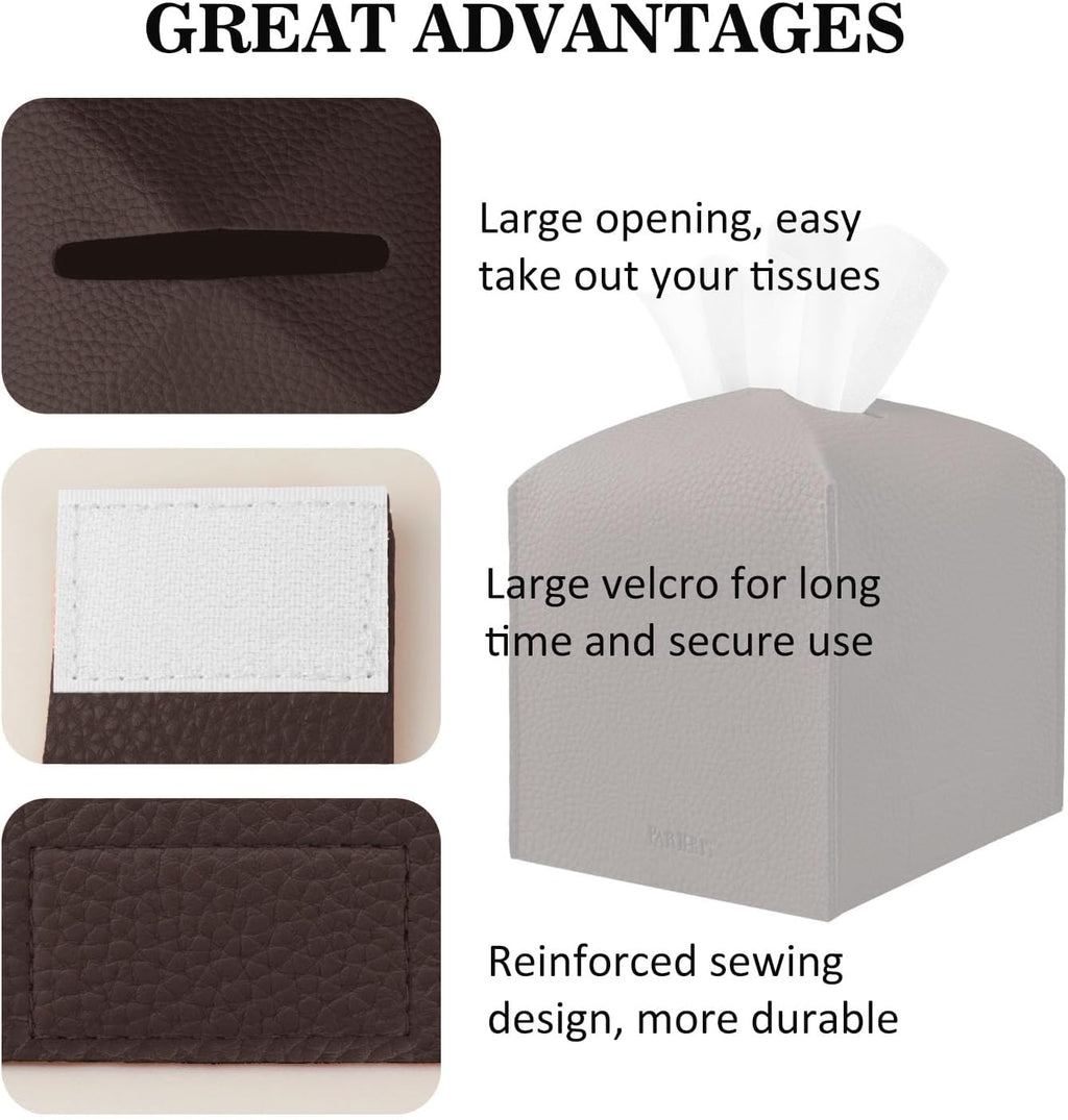 Tissue Box Cover Holder Square Tissue Cube Cover PU Leather Tissue Organizer with Bottom Belt for Bathroom, Tabletop, Car, Night Stands, Office, Home, Kitchen (1, CoffeeBrown)