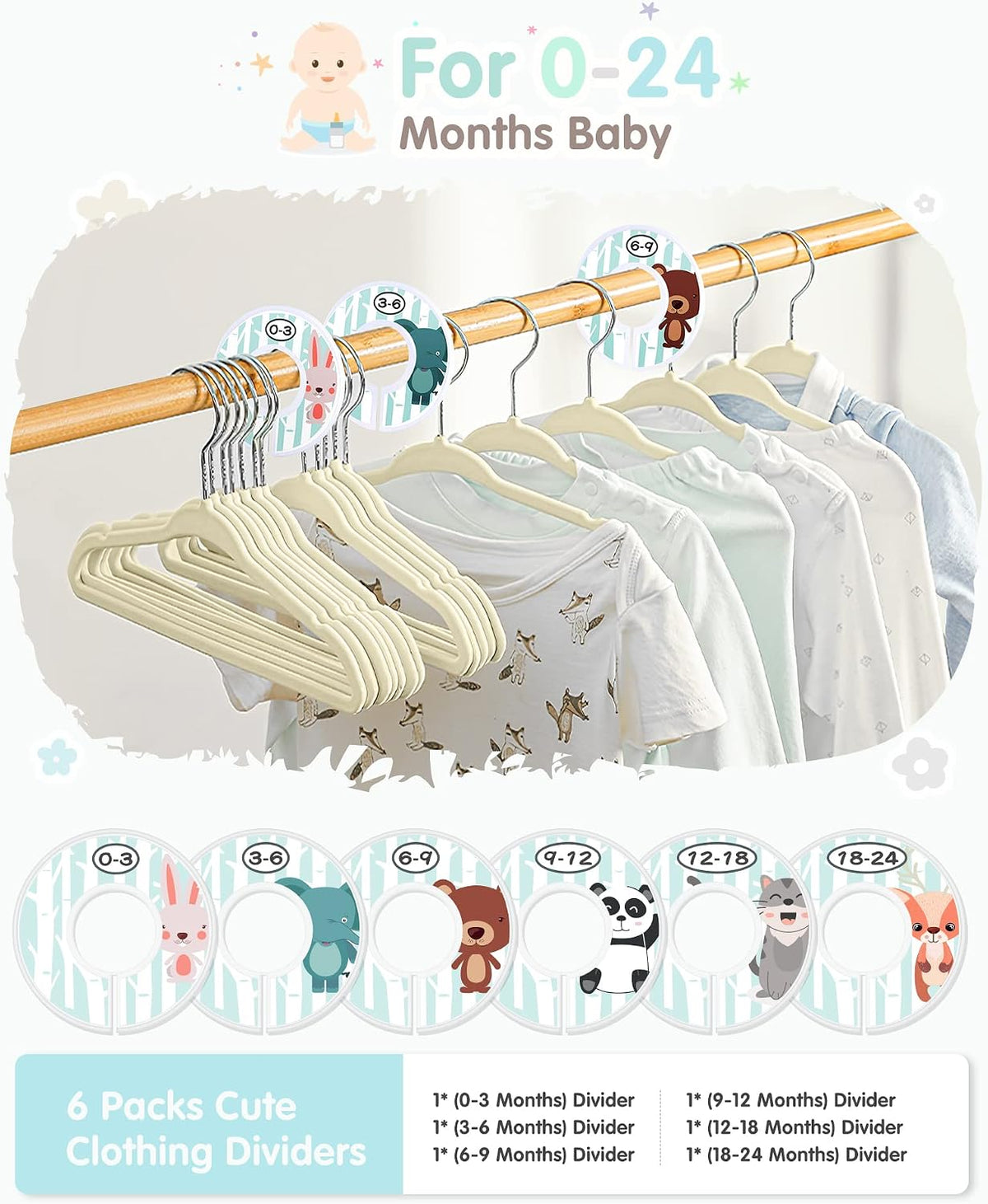 VIS'V Velvet Baby Hangers with 6 Pcs Size Dividers, 11 Inch, Beige, 50 Pcs