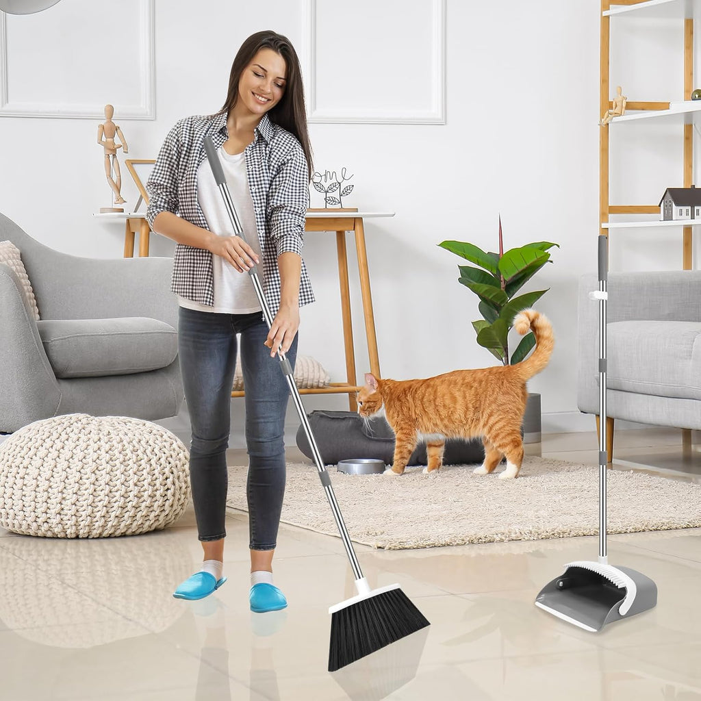 NACENA Broom and Dustpan Set with 52-in Long Adjustable Handle, Grey White