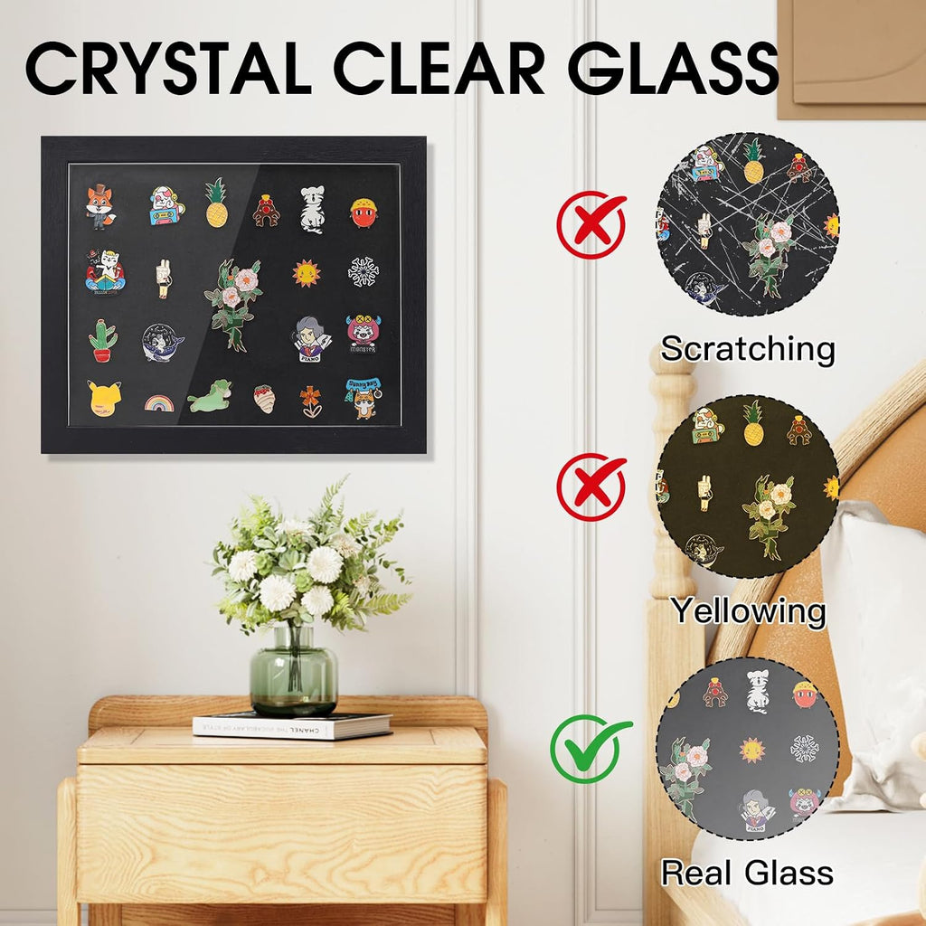 9 x11 Enamel Pin Display Frame with Glass, Shadow Box for Pin Collection ,Enamel Pin Holder, Desktop and Wall Display, Black