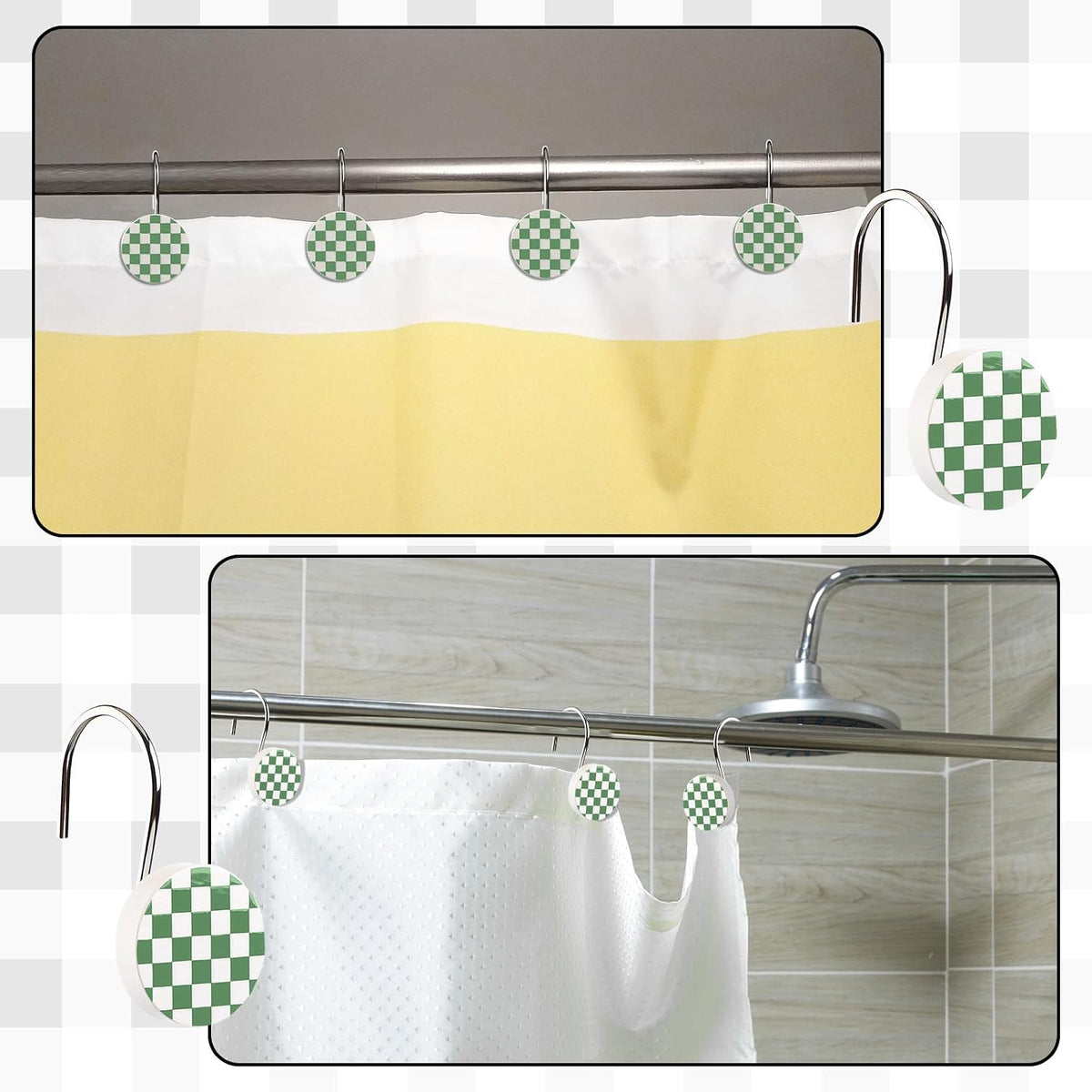 Yalikop Rustic Checkered Shower Curtain Hooks Set of 12 Retro Sage Green and White Round Shower Curtain Rings Modern Decorative Hanger Rings with Metal Hooks for Bathroom Rod and Liner