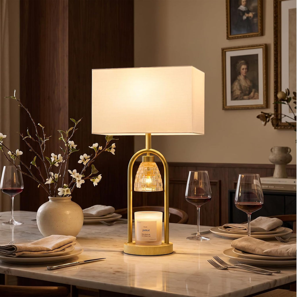 PoKat 22'' Table Lamp with Candle Warmer for Bedroom, Farmhouse Wood & Gold