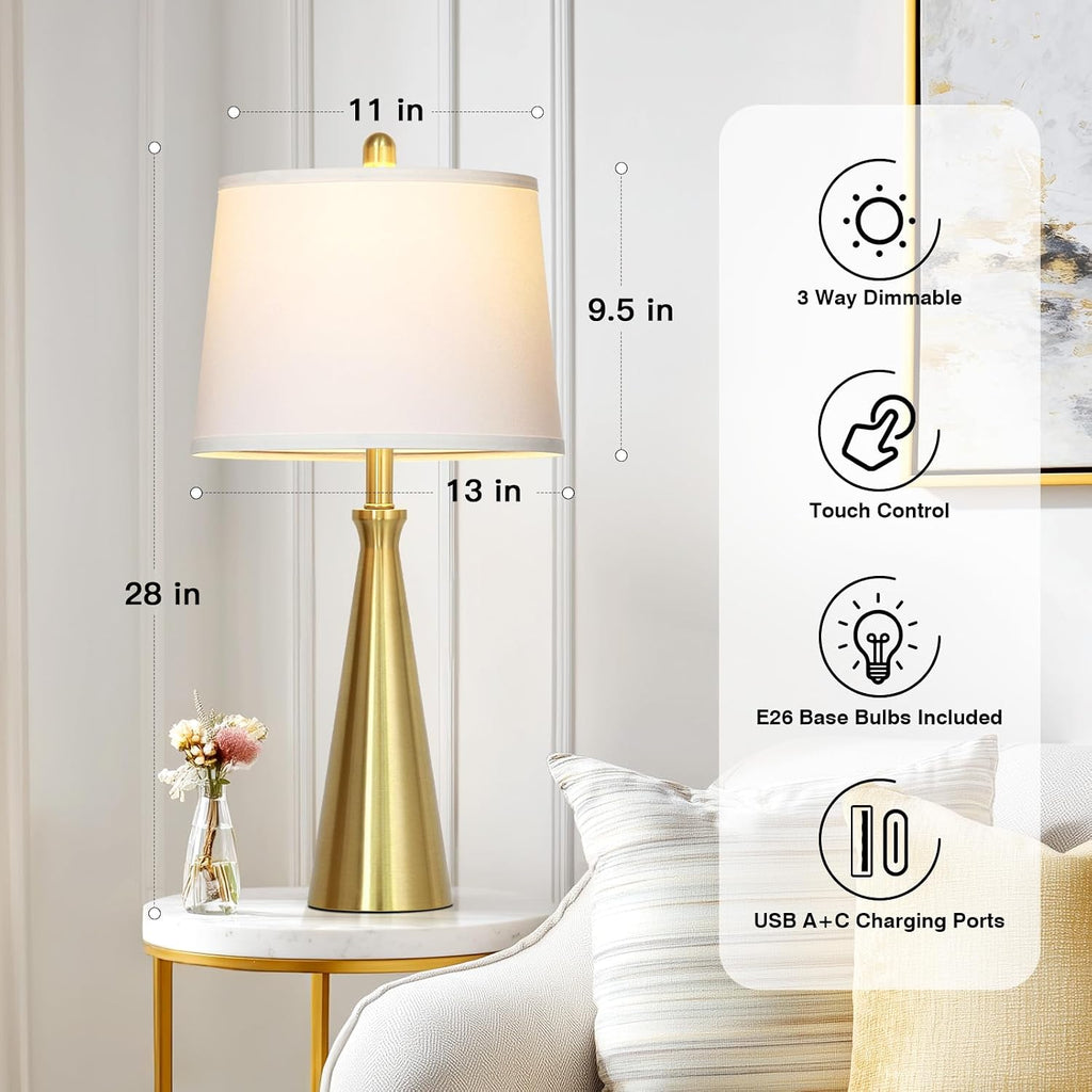 Rinweey 28" Modern Gold Touch Table Lamp Set of 2 for Living Room,Gold Bedside Lamps with USB A+C Ports - Gold Metal Table Lamp Set for Nightstand, End Table - 2 Bulbs Included