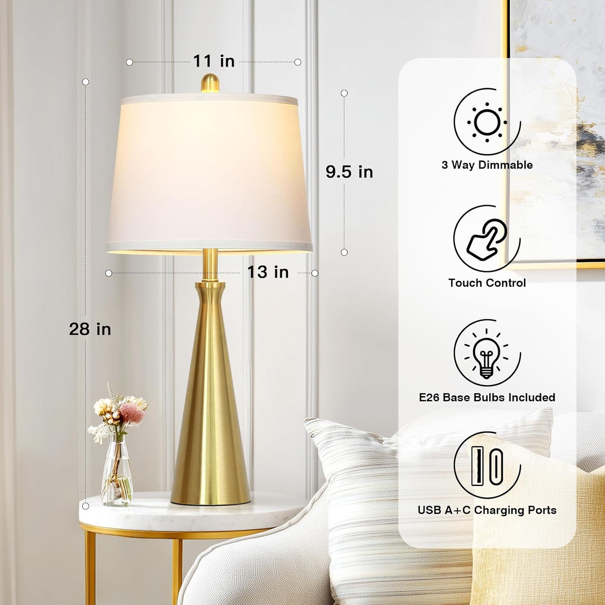 Rinweey 28" Modern Gold Touch Table Lamp Set of 2 for Living Room,Gold Bedside Lamps with USB A+C Ports - Gold Metal Table Lamp Set for Nightstand, End Table - 2 Bulbs Included