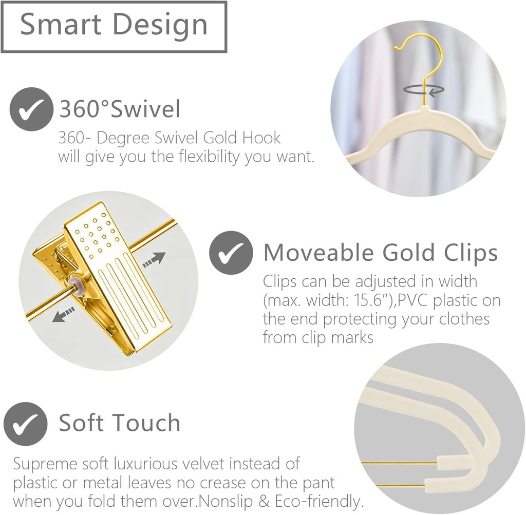 MIZGI Premium Velvet Pants Hangers with Adjustable Clips (Pack of 20) Slim Skirt Hangers- Non Slip Felt Outfit Dress Hangers Ivory - Gold Hooks,Space Saving Shirt Clothes Hangers