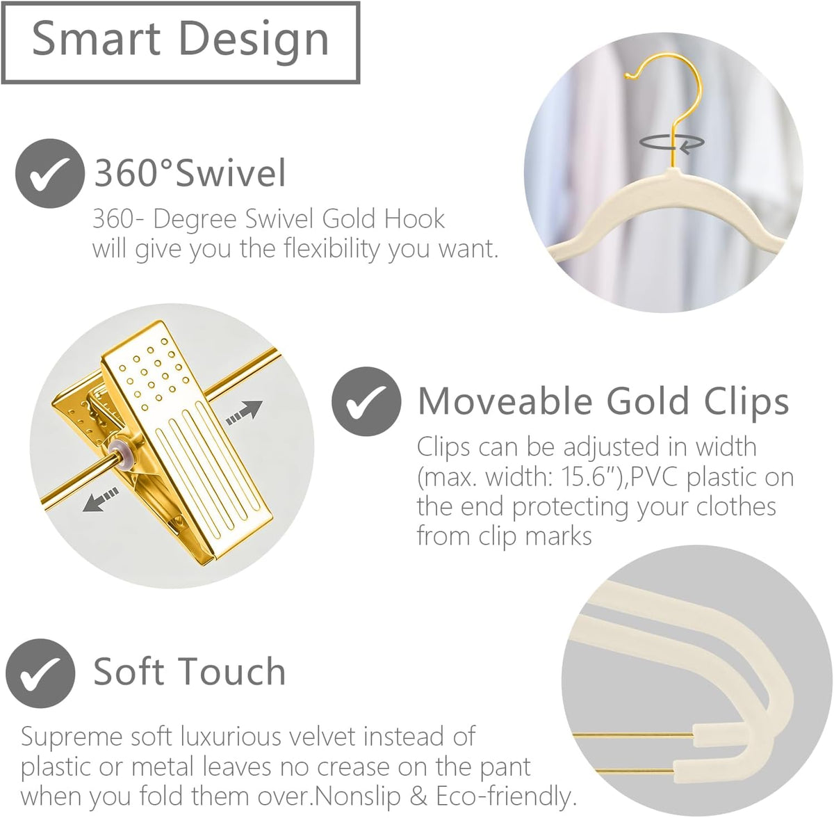 MIZGI Premium Velvet Pants Hangers with Adjustable Clips (Pack of 20) Slim Skirt Hangers- Non Slip Felt Outfit Dress Hangers Ivory - Gold Hooks,Space Saving Shirt Clothes Hangers