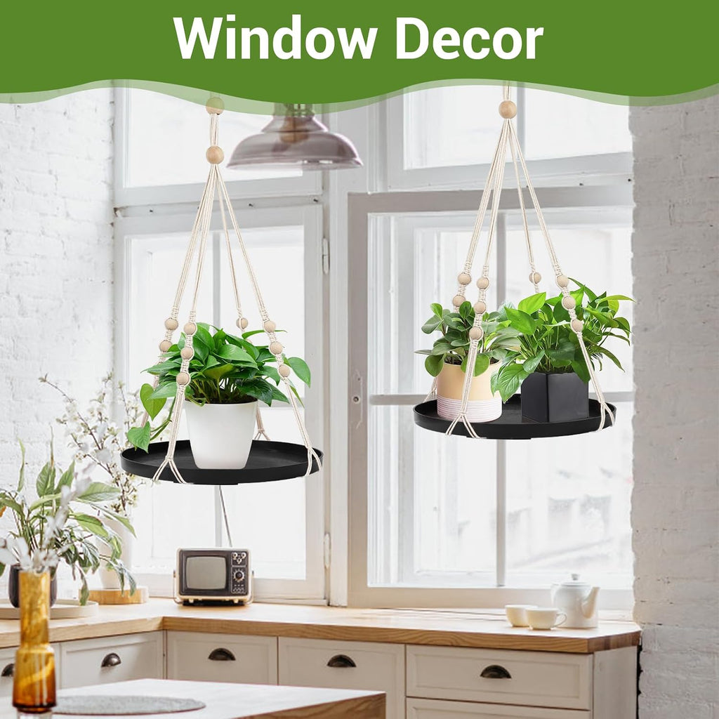 GREANER Macrame Plant Shelf Hangers, 1 Pack Large Hanging Baskets with Handmade Cord, Hanging Plant Holders for Home Garden Balcony Decor(Black)