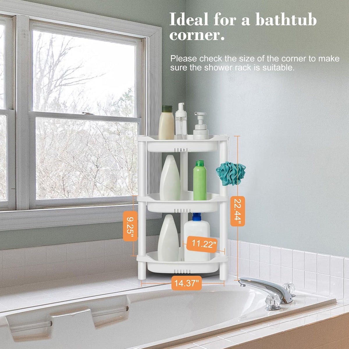 ELYKEN Corner Shower Caddy Standing, 3 Tier Plastic Shower Organizer, White