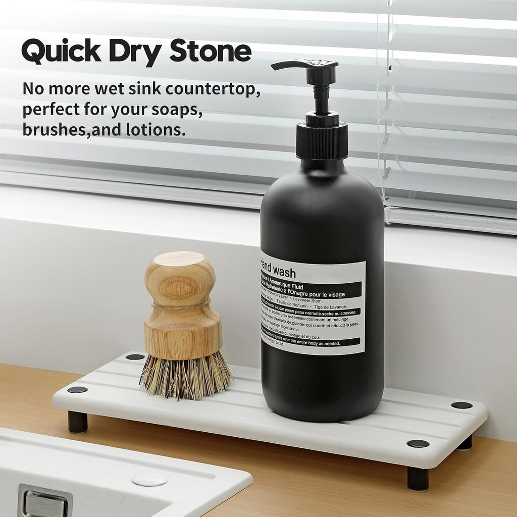 Razborci Instant Dry Sink Caddy Kitchen Sink Organizer, Quick Drying Diatomaceous Earth Stone Sink Tray Sponge Holder Soap Dish, Bathroom Countertop Vanity Dispenser Toothbrush Bottle, White, 10" x 4"