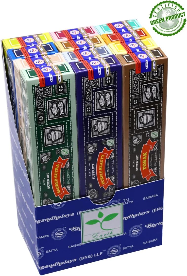 Earth Satya Super Hit Incense Sticks 15 GMS (Pack of 12) (Green Certified) Indian Perfumed Hand Rolled Agarbatti Perfect for Worship, Church, Aroma Therapy, Relaxation, Positivity