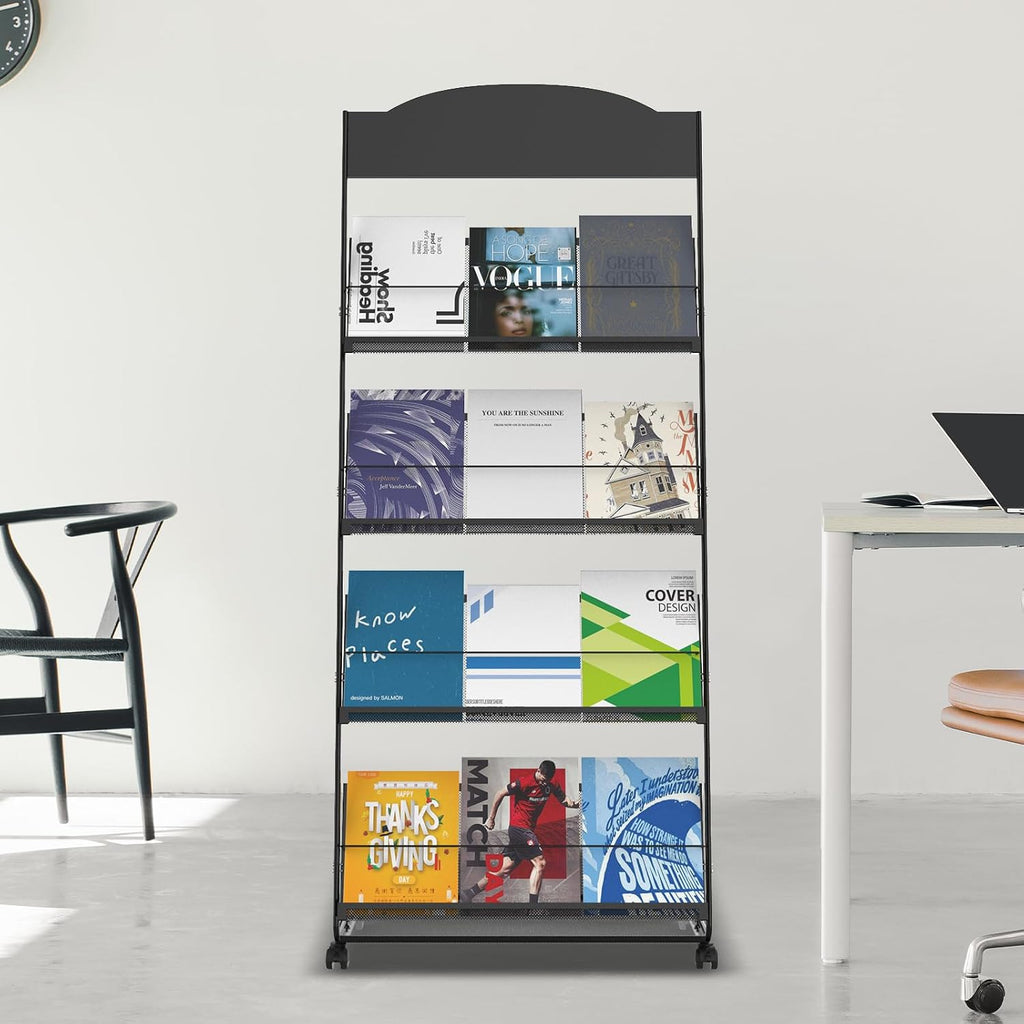 Floor-Standing Magazine Rack 4-Layer with Wheels, Semi-arched top Brochure Display Stand, High-hardness metal for Exhibitions, Office, and Any Organization Requiring Information Display (Arc-Black)