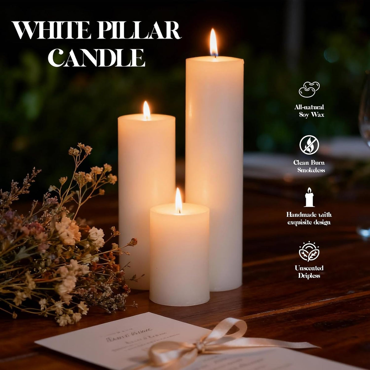 18 Pcs White Pillar Candles Bulk Set，Hurricane Candles，2x3 2x6 2x8 Inch - 12 Each Size，Dripless Unscented Smokeless，Gives You a Better Atmosphere When Organizing an Event Party.