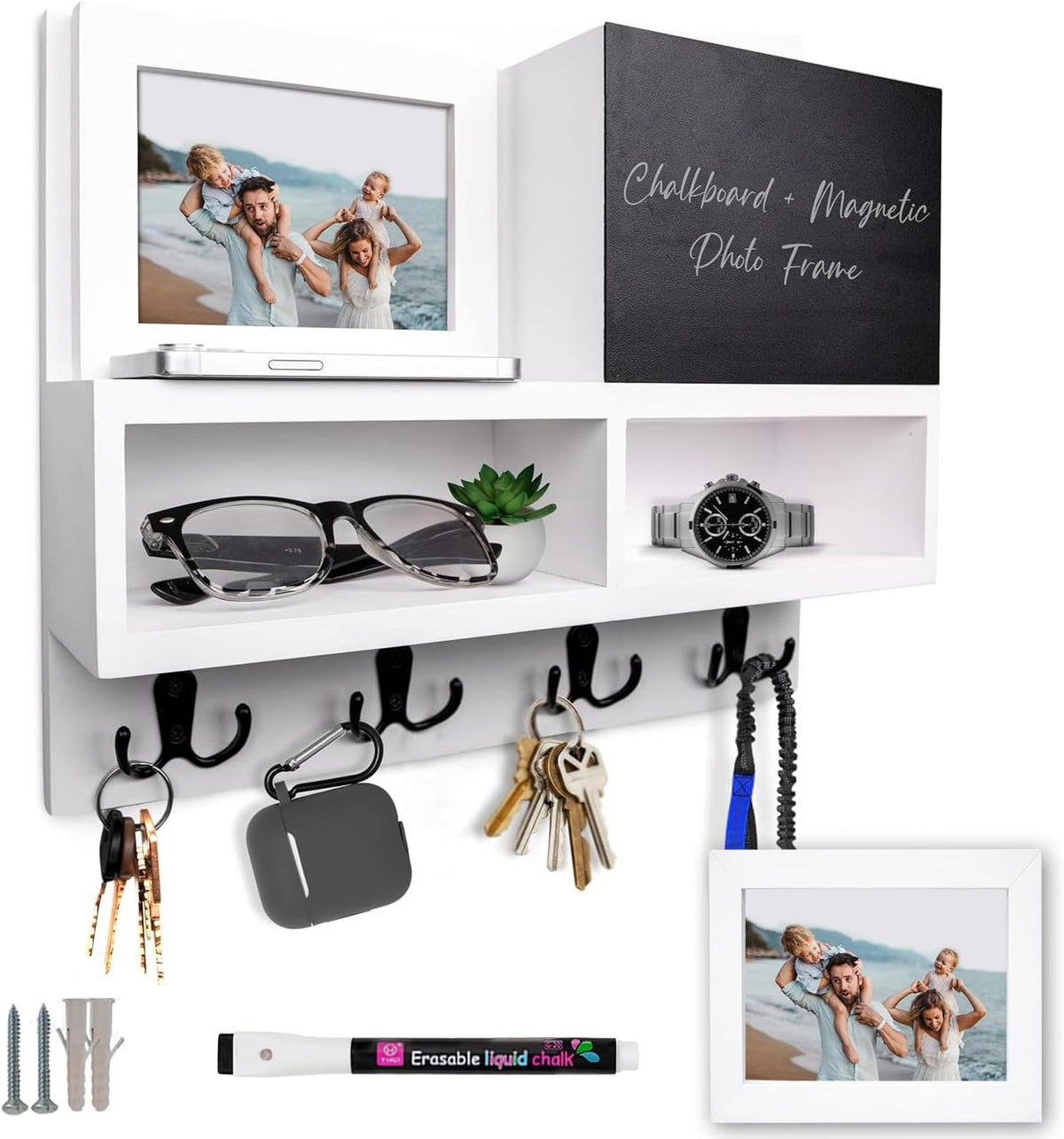 Spacelog Key and Mail Holder for Wall with Chalkboard – Magnetic Picture Frame Key Holder Wall Mount, White, Dual Storage & Cupboards