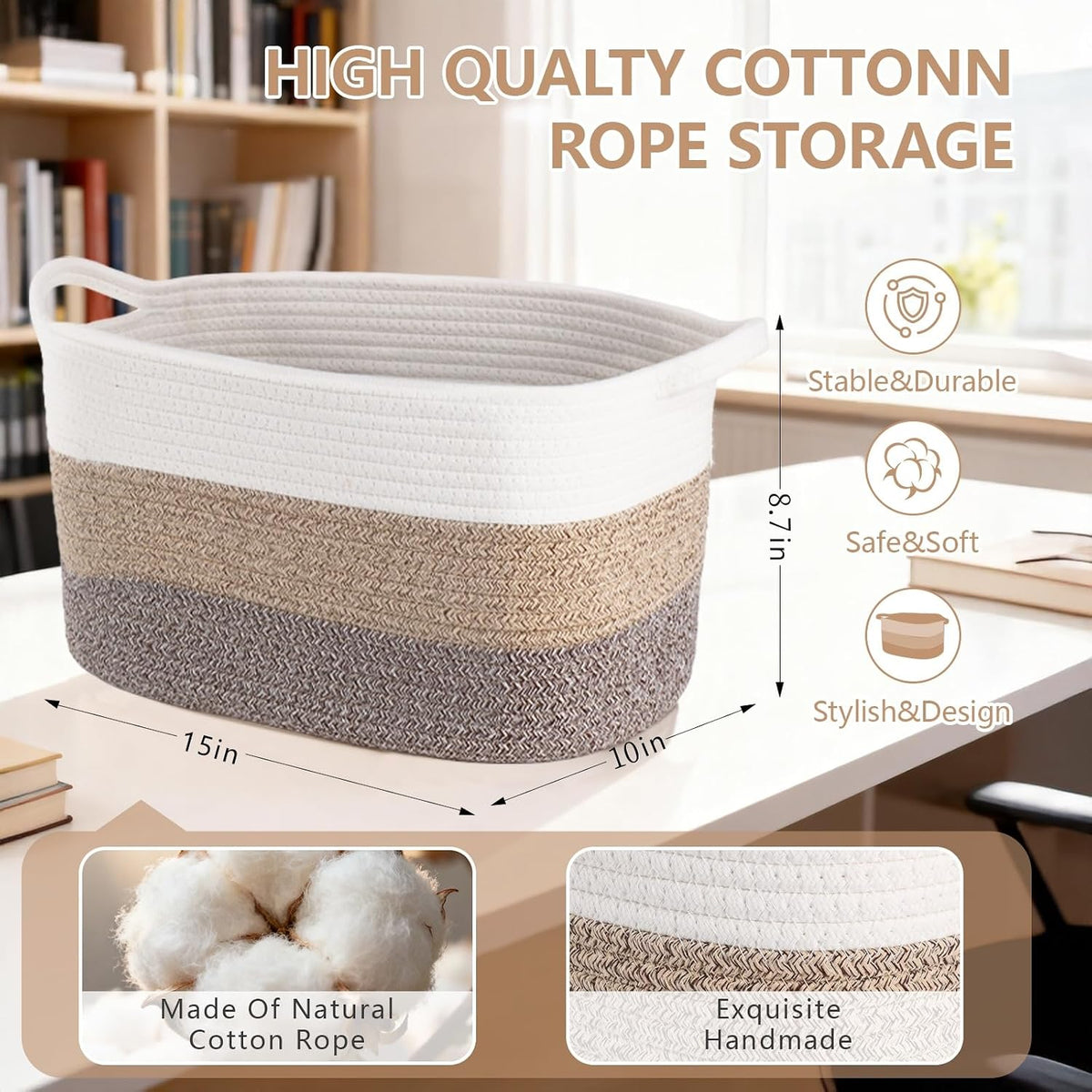 3PCS Grey Cotton Rope Woven Storage Basket, 15x10x8.7 Inches Shelf Organizer for Baby Gift Baskets, Toys, Laundry, Baby Blankets & Empty Gift Baskets