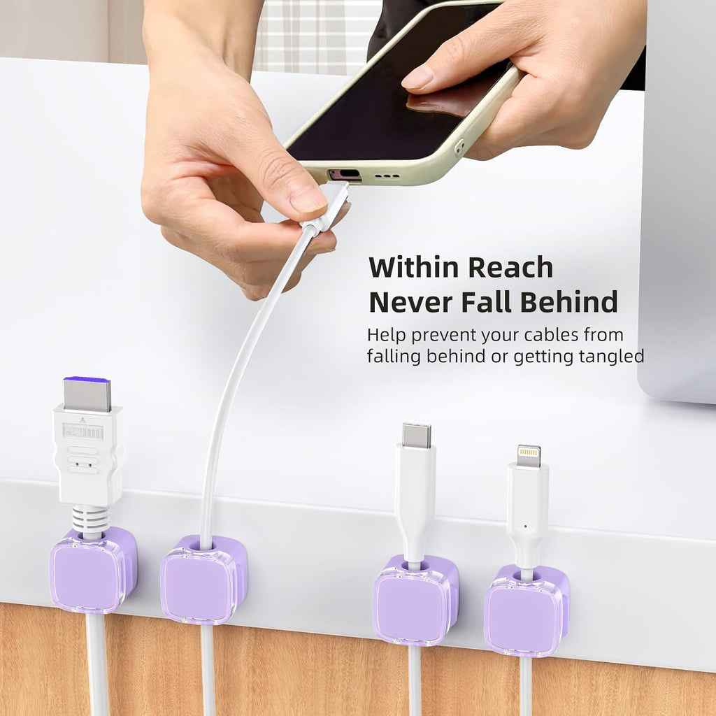 Cord Organizer for Desk, 6 Pack Magnetic Cable Clips Holder for Nightstand, Strong Adhesive Wire Organizer Keeper Phone Cord Holder for Office Car Home Kitchen Appliances Wall, Clear Purple