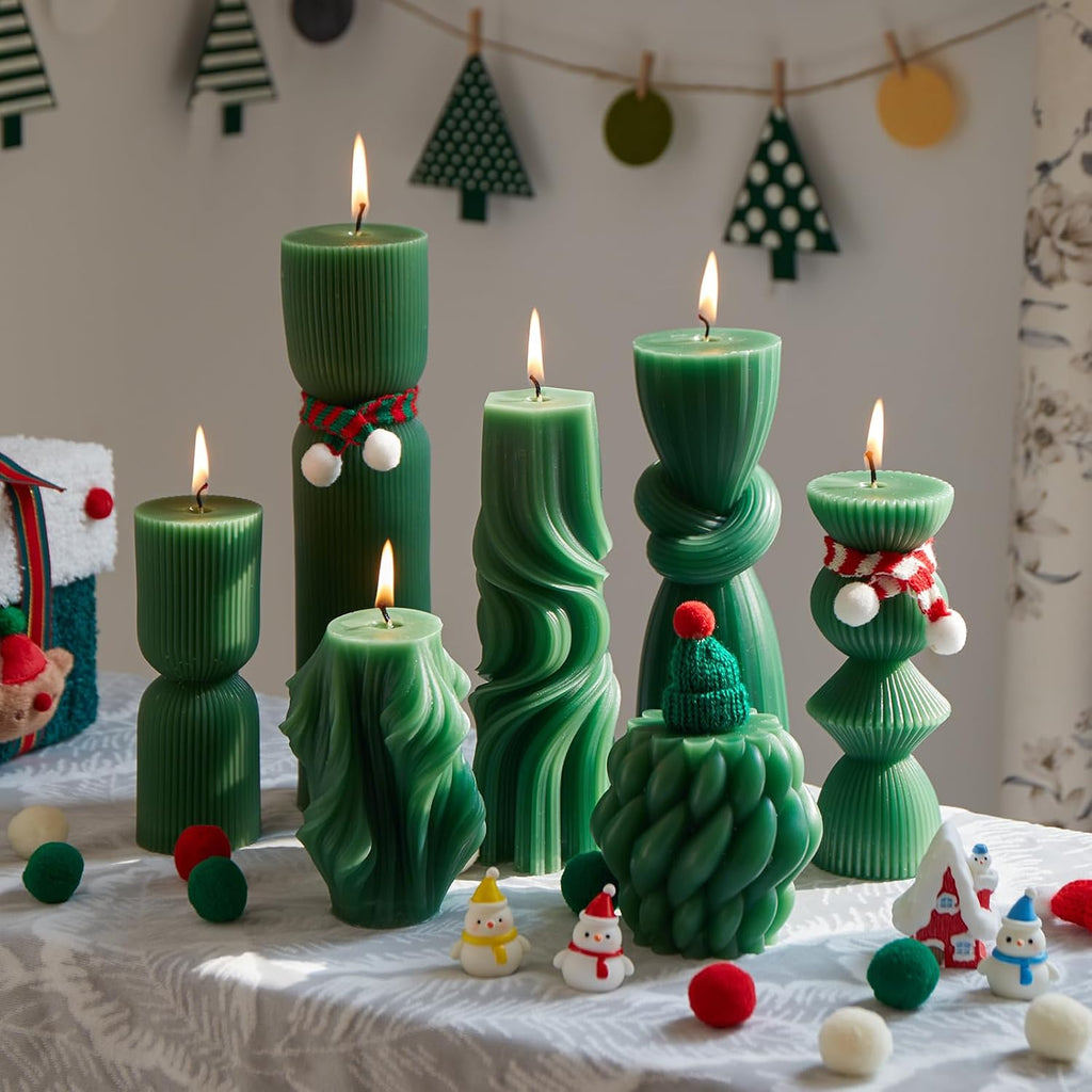 7-Pack Pillar Candles - Soy Wax Handmade Ribbed Candles for Home Decor, Housewarming Gift, Shelf & Table Decor - Aesthetic Modern Candles Set (Green)