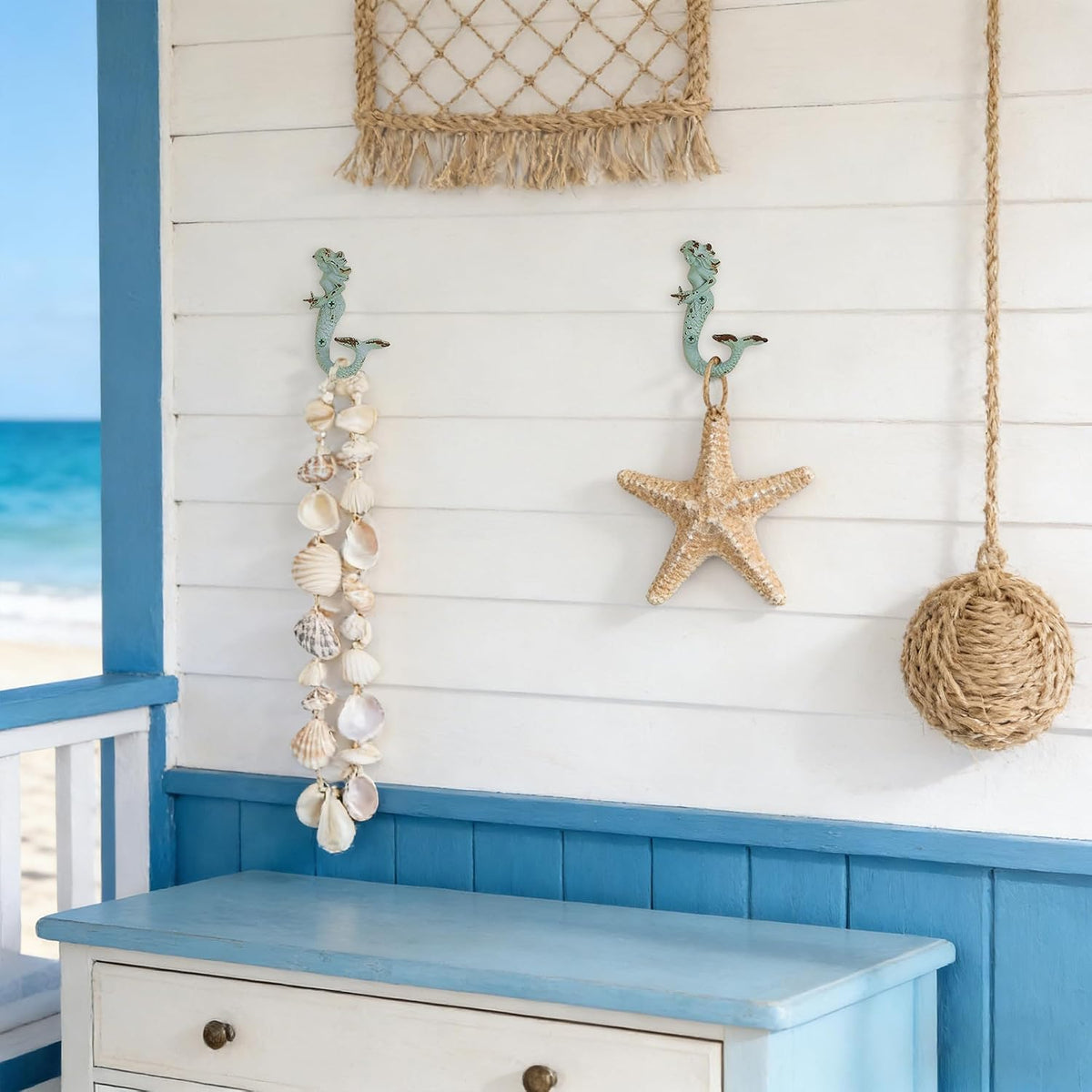 SOFFEE DESIGN 2PCS Green Mermaid Side Profile Hooks, Beach Themed Towel Hangers for Bathroom Room Decor