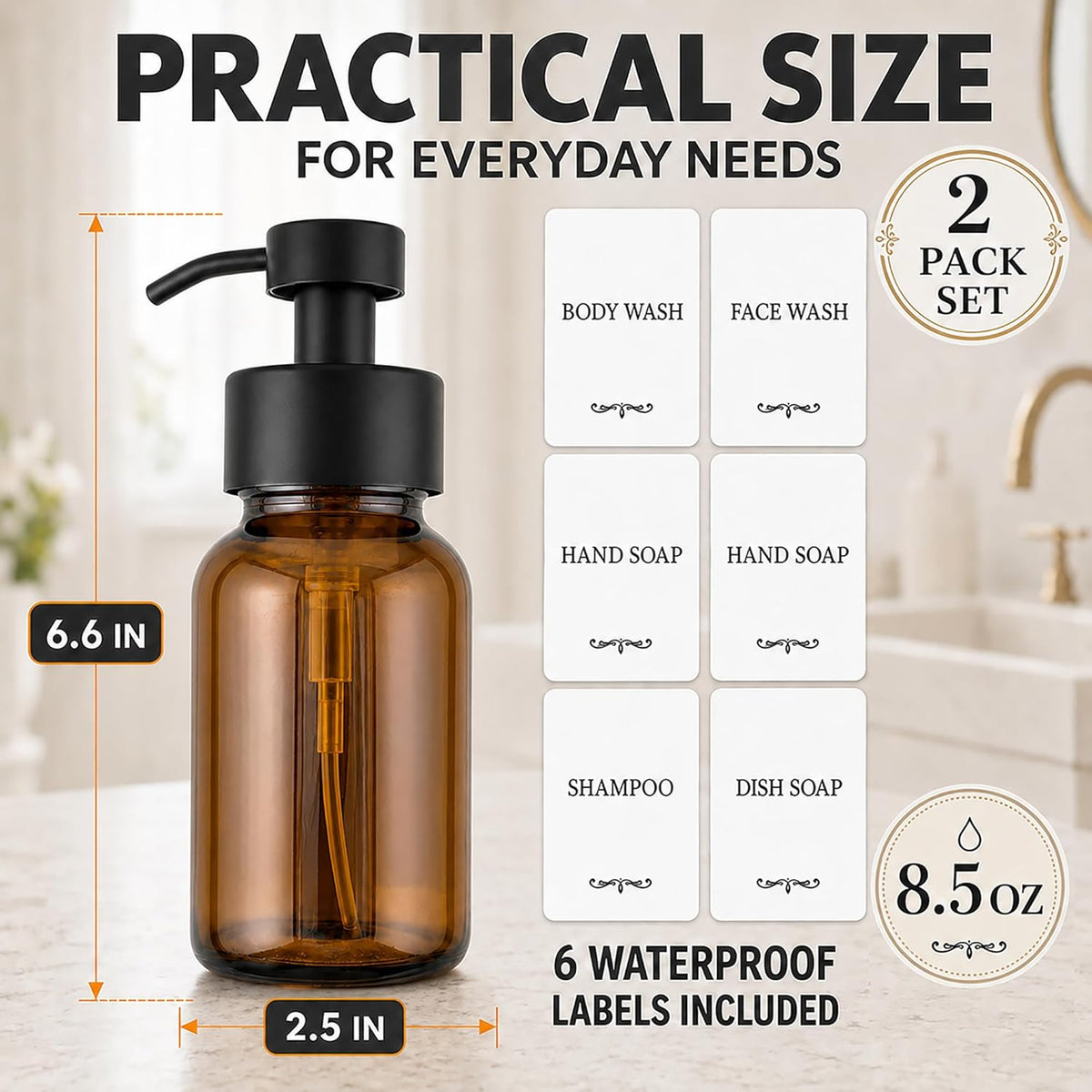 Amber Glass Foaming Soap Dispenser, 2 Pack, 8.5 Oz, Refillable