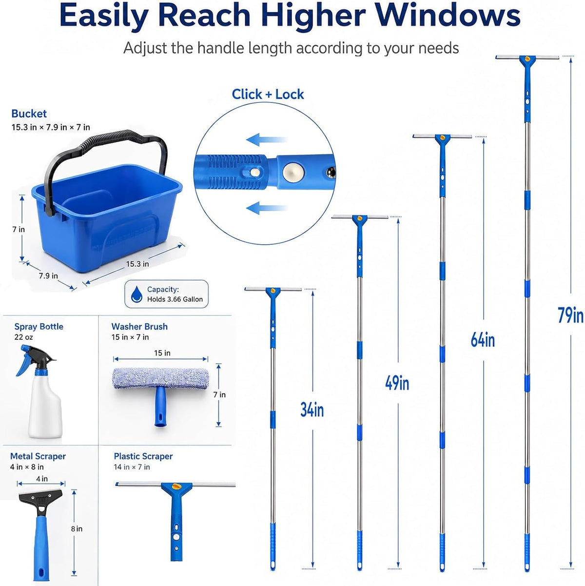 Window Cleaning Kit with Extendable Long Handle, Professional Window Squeegee & Window Washer Tool Set for Indoor Outdoor High Windows, Glass, RV & Shower Doors