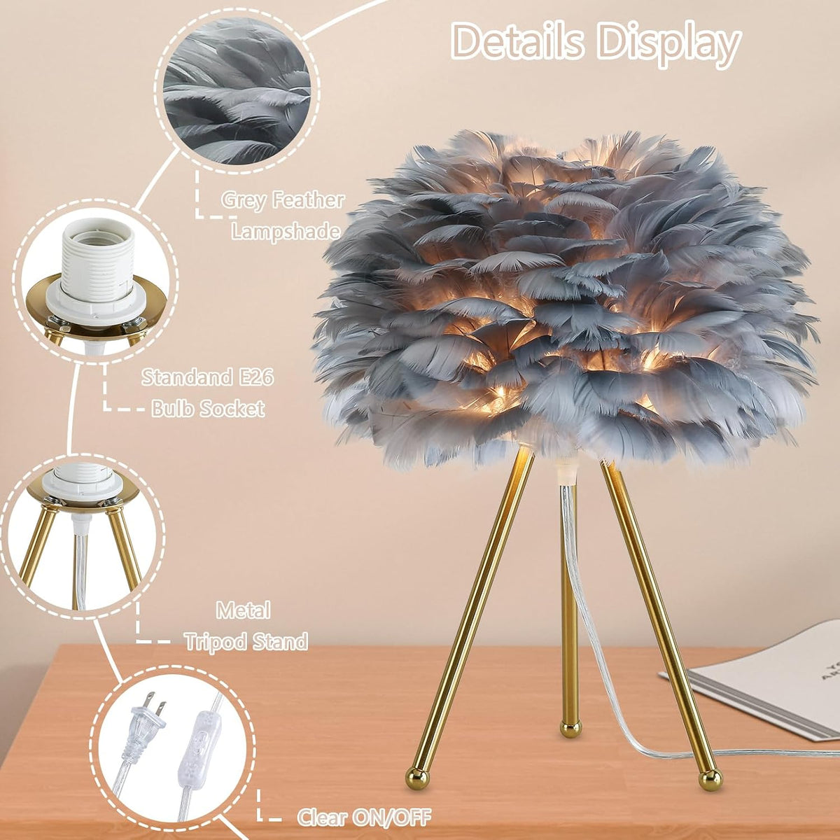 Capslpad 15.3" Feather Tripod Table Lamp - Grey Modern Desk Lamp With Gold Finish for Living Room, Kids, Bedroom, Nursery, Girls Decor - Small Bedside Nightstand Lamp