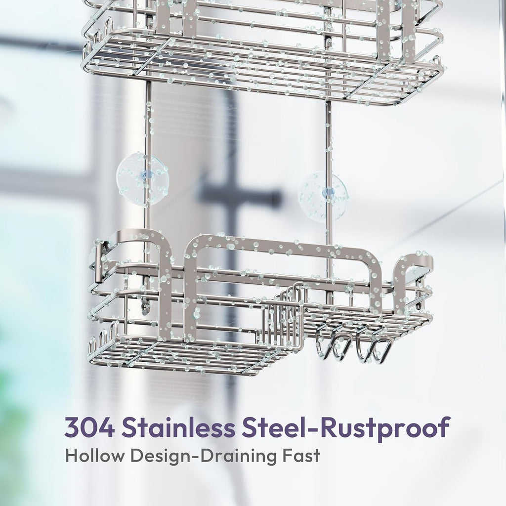 SWTYMIKI Shower Caddy Hanging Organizer - Over the Door Shower Caddy with Soap Holder, 11 Hooks, 2 Installation Ways, Stainless Steel Rustproof Bathroom Organizer, Sand Nickel