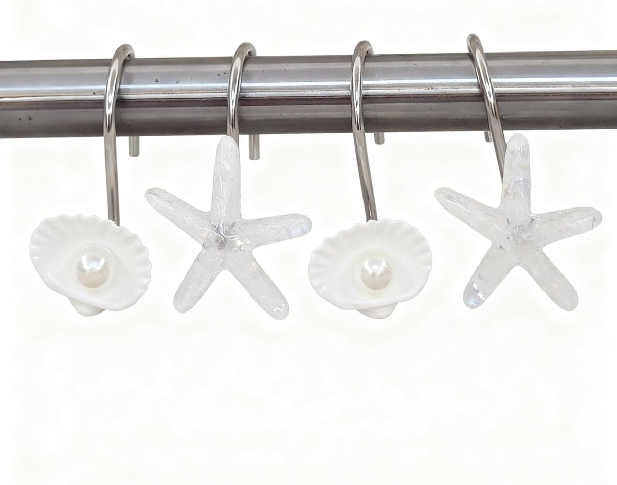 Twofishes Seashell Shower Curtain Hooks S/12 Ocean Pearl White Starfish Style Shower Curtain Rings Pack of 12 Oecan Shell Shower Rings Set of 12
