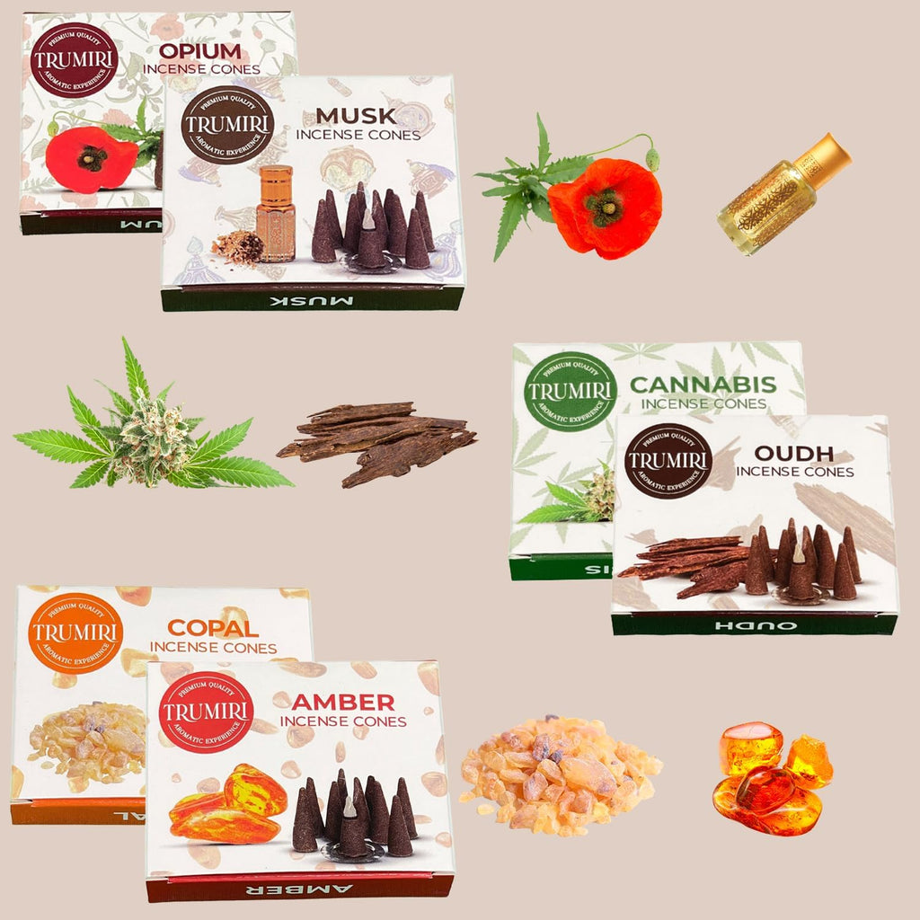 TRUMIRI Exotic Incense Cones - Variety Pack - Total 60 Cone Incense (6 Scents x 10 Conos) - Copal, Oud, Musk, Amber - Cone Incense Scents - Insense Cones - Incent Cone