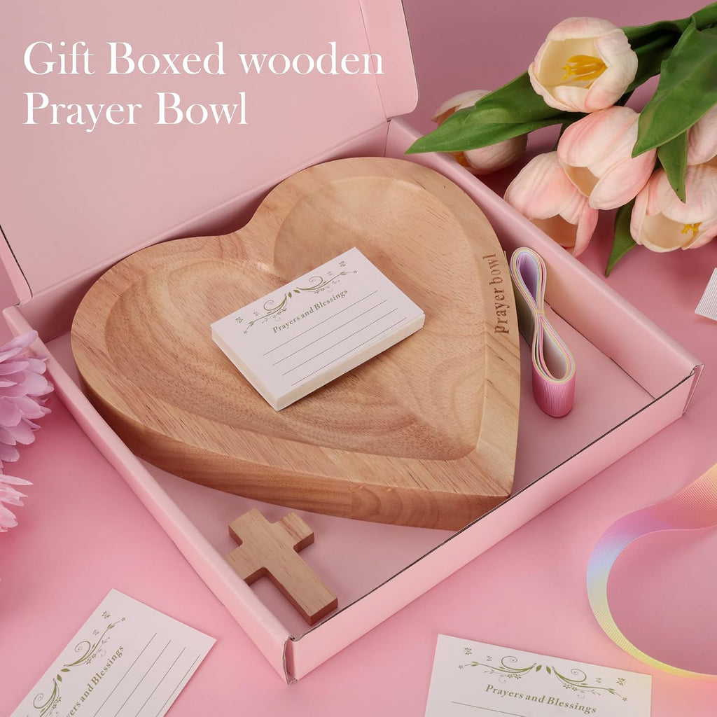 Heart Wooden Prayer Bowl with Cards, Gift-Boxed Premium Wooden Prayer Bowl, Thoughtful Catholic Christian Religious Gift for Women Men Parents, Ideal for Faith Home Decor