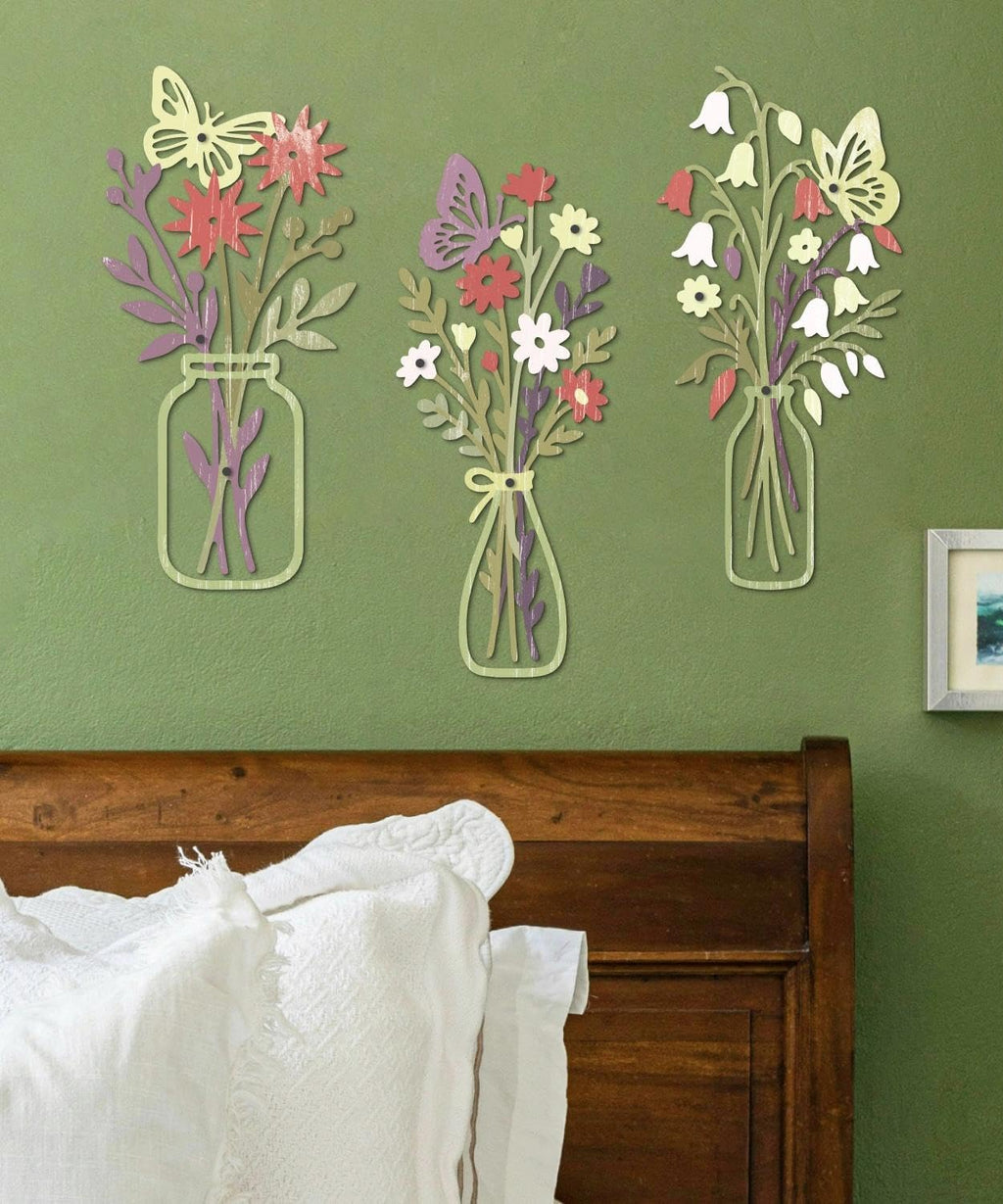 Putuo Decor Metal Flower Wall Decor, 3PCS Minimalist Floral Wall Art with Butterfly, Boho Spring Wall Sculptures for Living Room Bedroom Bathroom Kitchen, Modern Colorful Metal Flowers Decorations