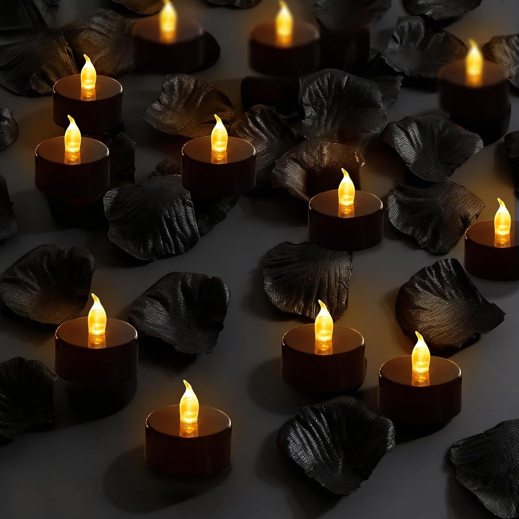 500 Pcs Rose Petals with 12 LED Tea Lights Candles Set, Artificial Black Rose Petals and Black Flameless Candles Set for Anniversary, Valentine's Day, Wedding, Party Home Decor