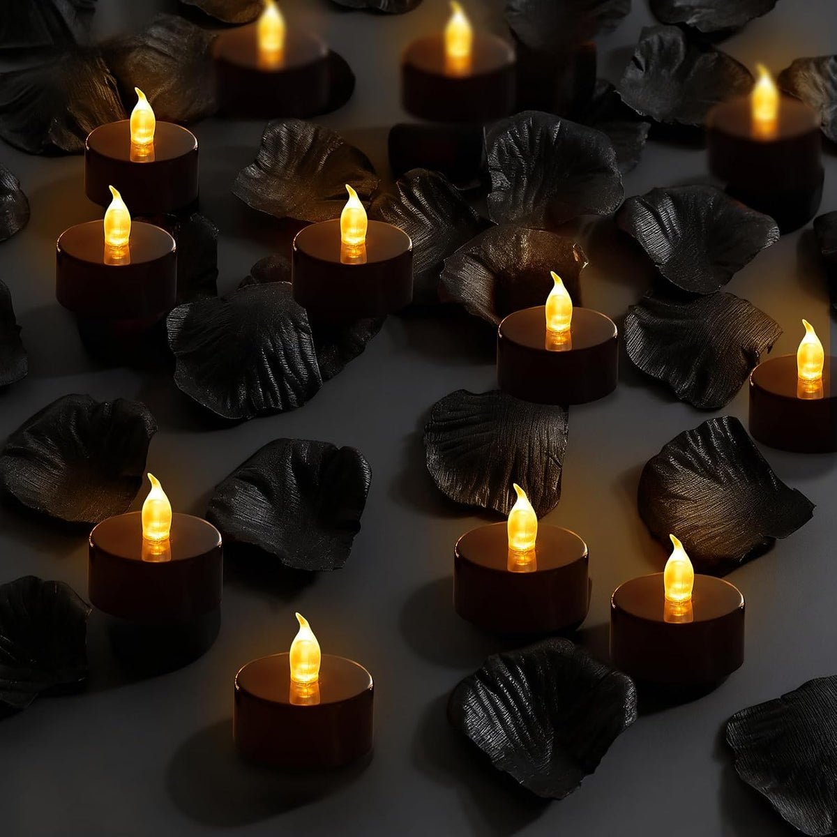 500 Pcs Rose Petals with 12 LED Tea Lights Candles Set, Artificial Black Rose Petals and Black Flameless Candles Set for Anniversary, Valentine's Day, Wedding, Party Home Decor