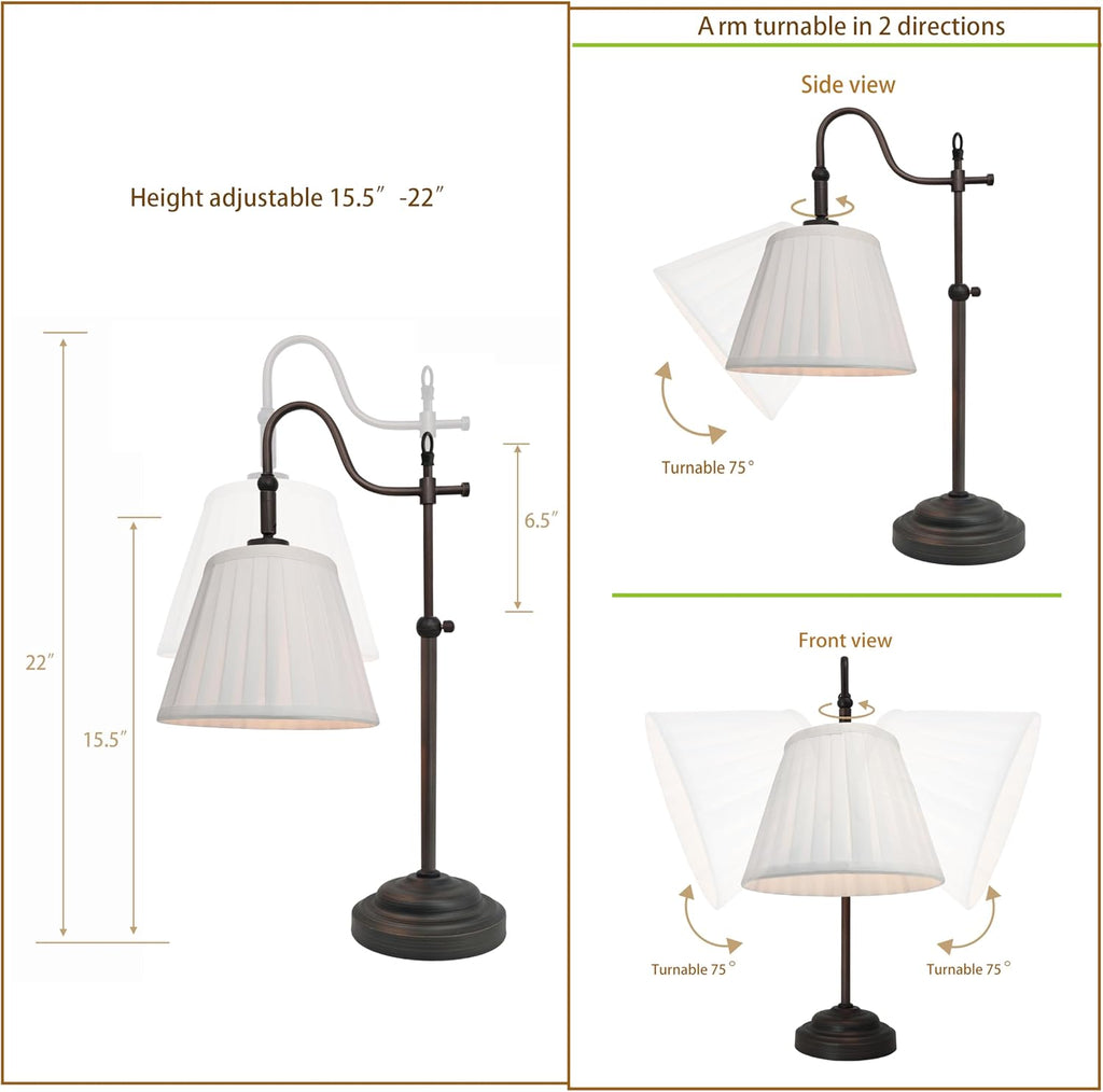 Farmhouse Desk Lamps, Reading Bedside Table Lamp for Living Room, Vintage Industrial Swing Arm Pleated Light for Bedroom, E26