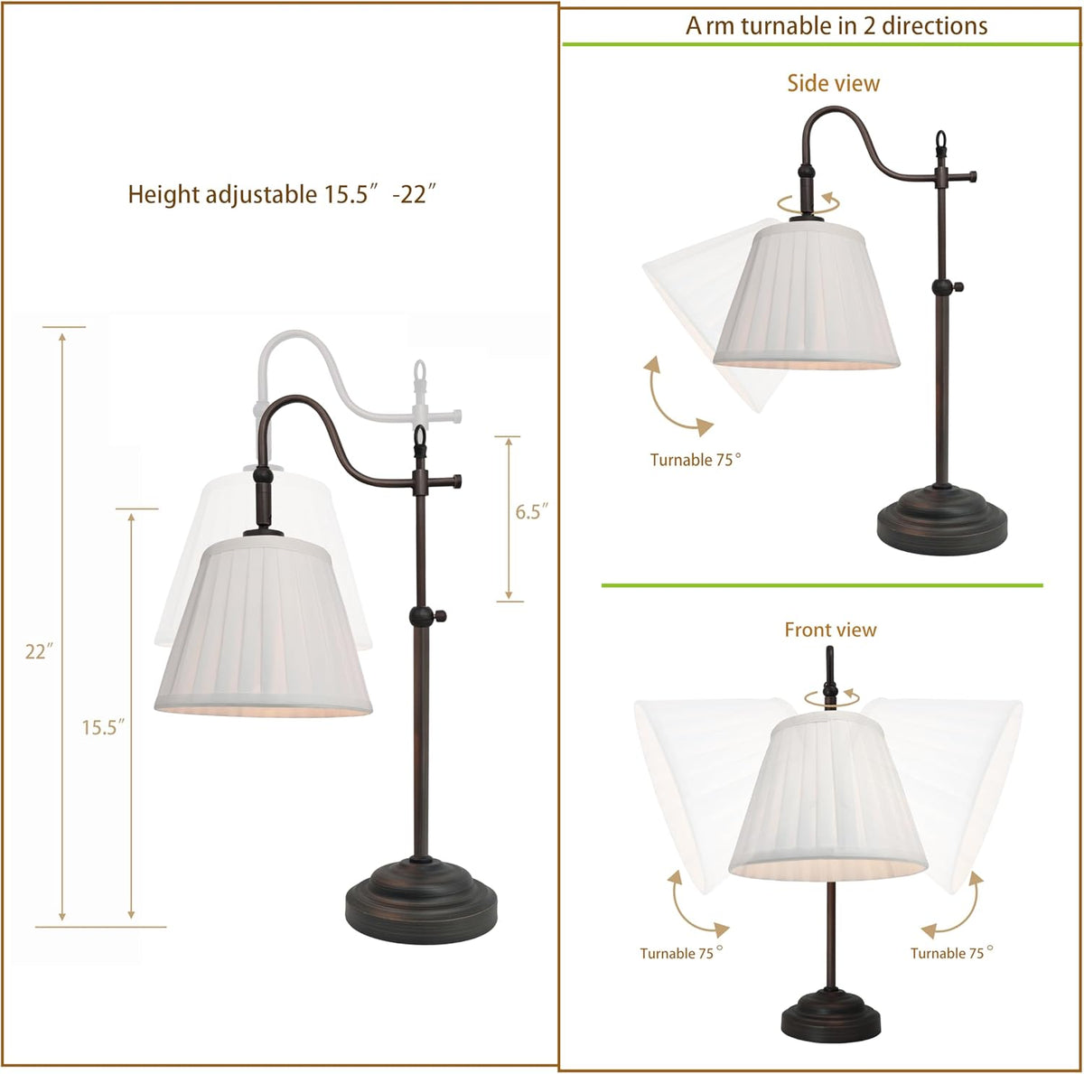 Farmhouse Desk Lamps, Reading Bedside Table Lamp for Living Room, Vintage Industrial Swing Arm Pleated Light for Bedroom, E26