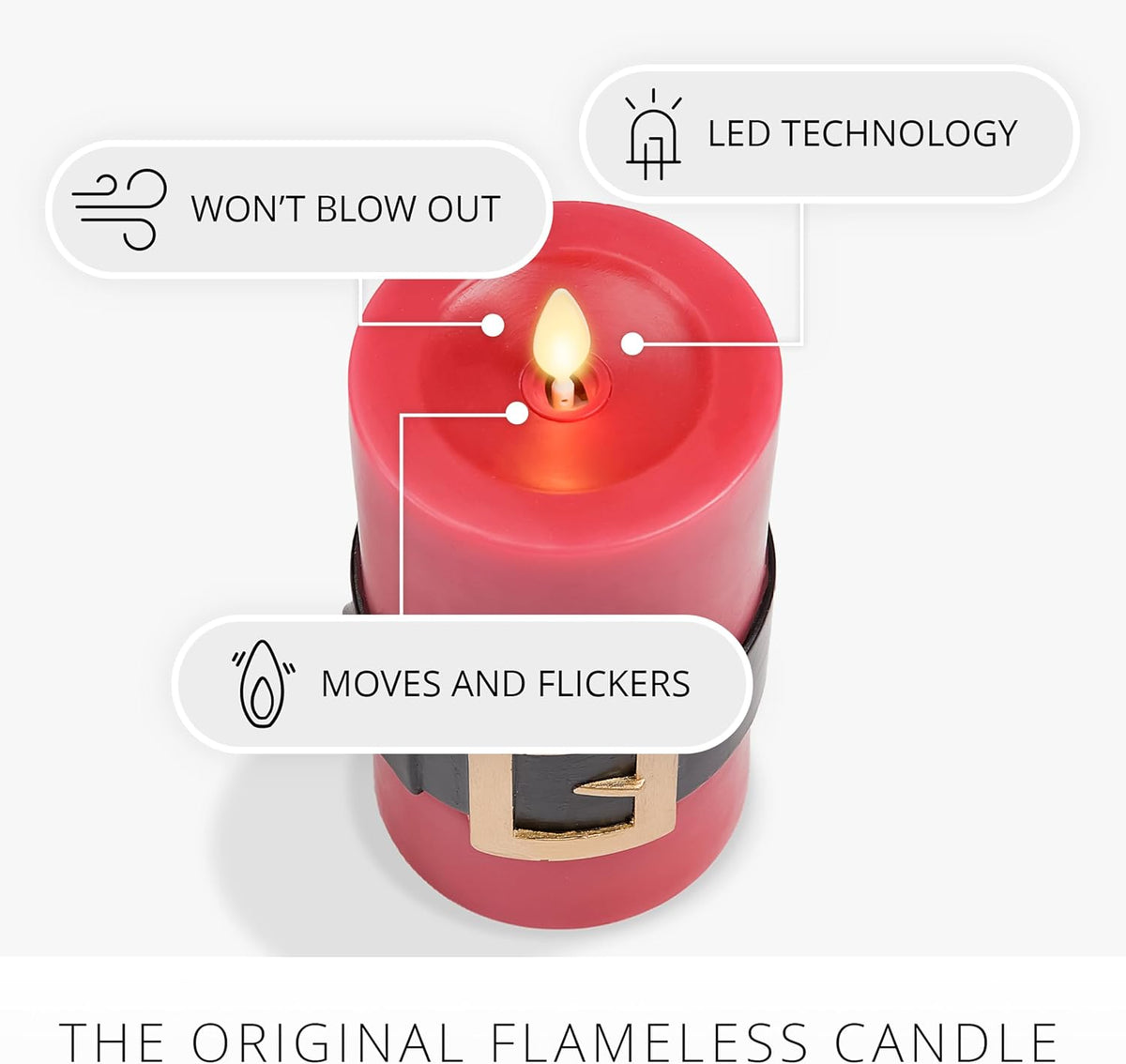 Luminara Flickering Flameless LED Candle, Battery Operated, Timer Function, Remote Ready (Sold Separately), Red Santa Belt 3.4" x 6.5" Pillar, Unscented Real Wax Moving Flame, Christmas Holiday Decor