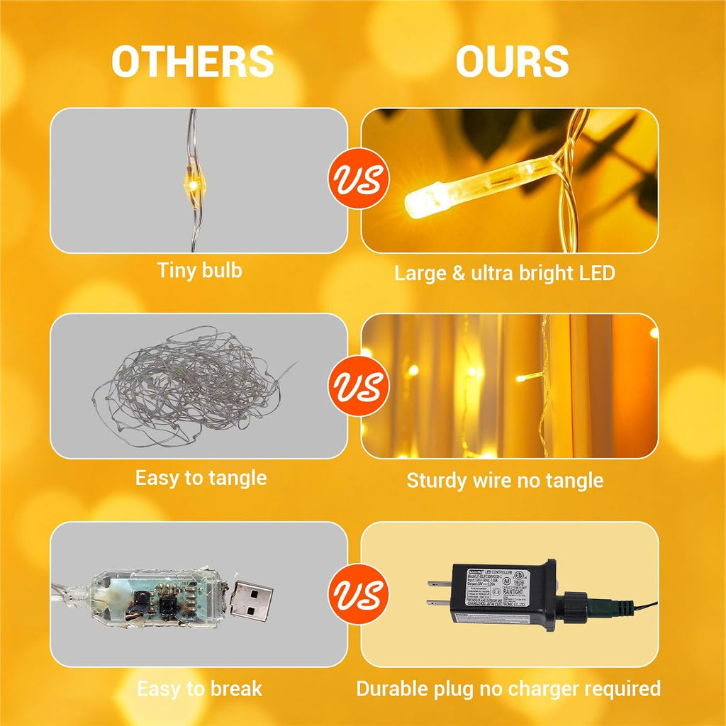 YEGUO 300 LED Warm White Christmas Lights, Curtain Lights Plug in, 8 Modes Hanging String Lights for Bedroom Wall Window Backdrop Indoor Outdoor Party Xmas Decorations-9.8x9.8ft