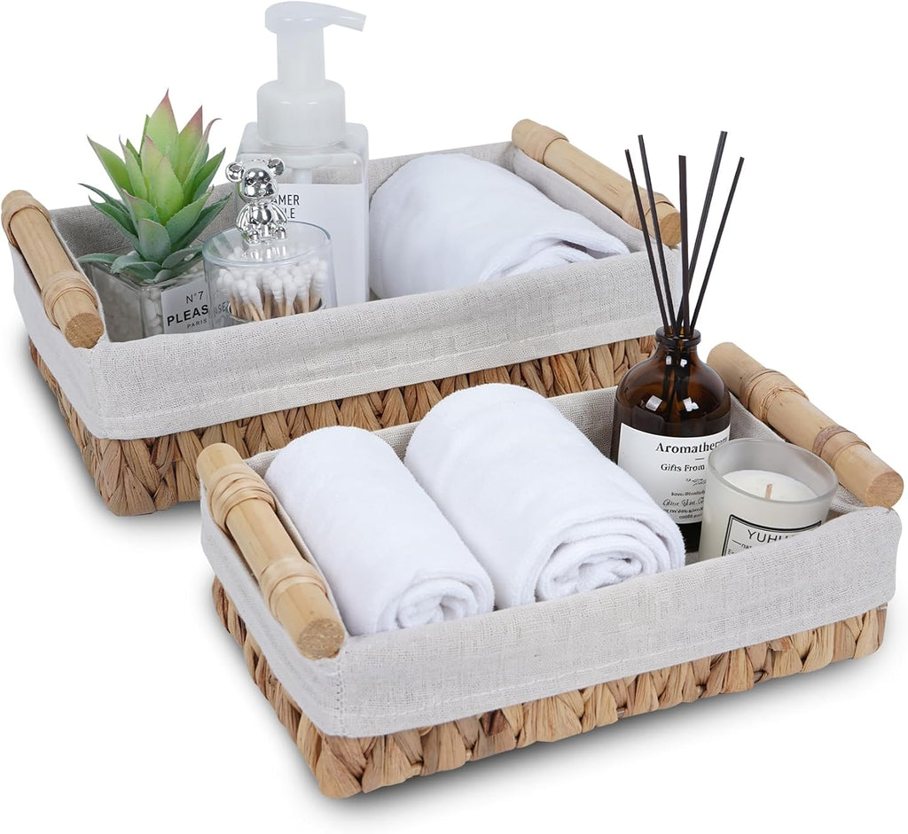 Water Hyacinth Wicker Storage Basket with Wooden Handle, Decorative Toilet Paper Baskets & Bathroom Organizer for Toilet Tank Top, Shelves, Bedroom, Countertop,Home, Office Storage Bins, 2 Pack