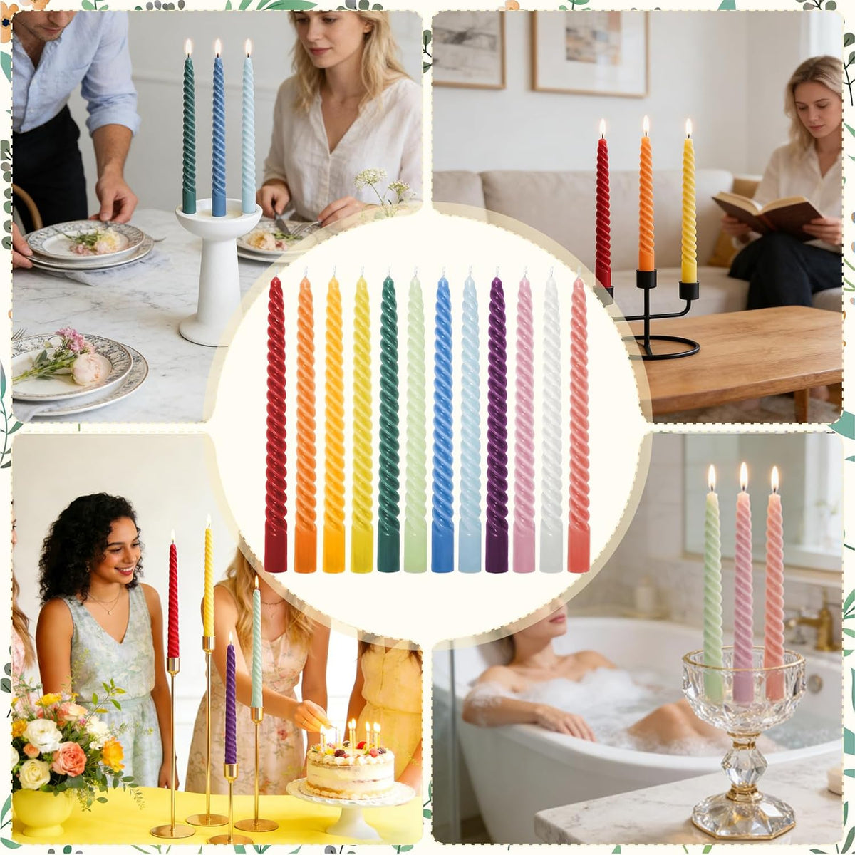 Whaline 12 Pcs 10 Inch Colored Spiral Taper Candles 12 Colors Dripless Twisted Wax Candles Long Unscented Candle Sticks for Holiday Celebration Display Home Decoration