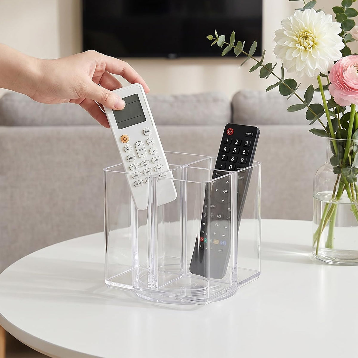 360 rotating Remote Control Holder, 4 Slot Clear Acrylic Remote Holder, TV Controller Holders Pencil Pen Holder Desk Lazy Susan Organizer for Home School Office