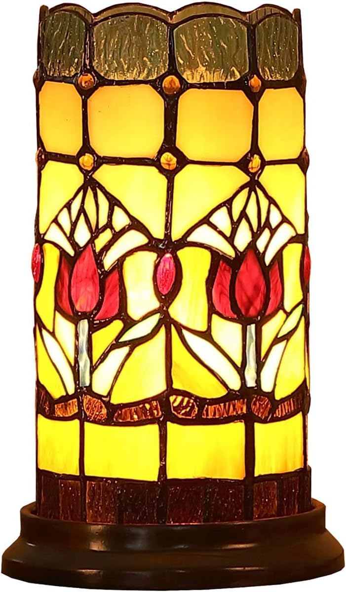Bieye L10648 Red Tulip Tiffany Style Stained Glass Table Lamp, Night Light