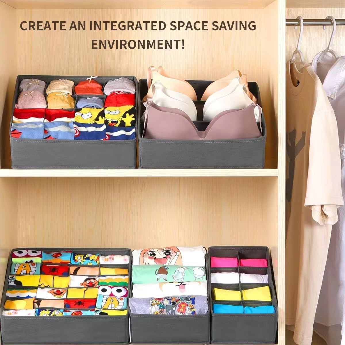 SUREMAX 5-Pack Underwear Drawer Organizer for Socks, Bras, Ties, Grey