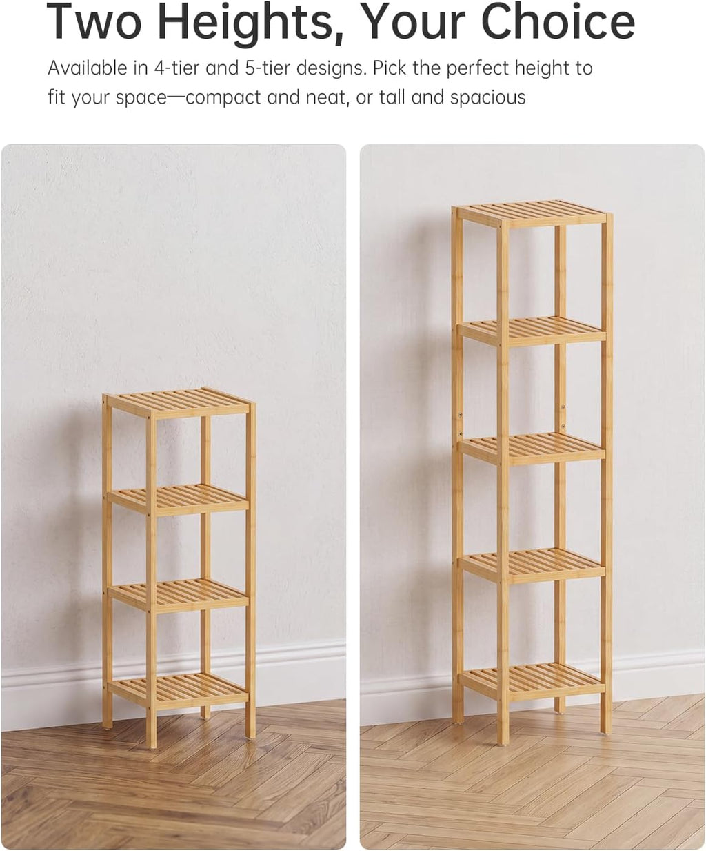 SMIBUY Bathroom Storage Shelf, 5-Tier Bamboo Rack Organizer, Multifunctional Shelving Unit for Living Room Bedroom Kitchen (Natural)