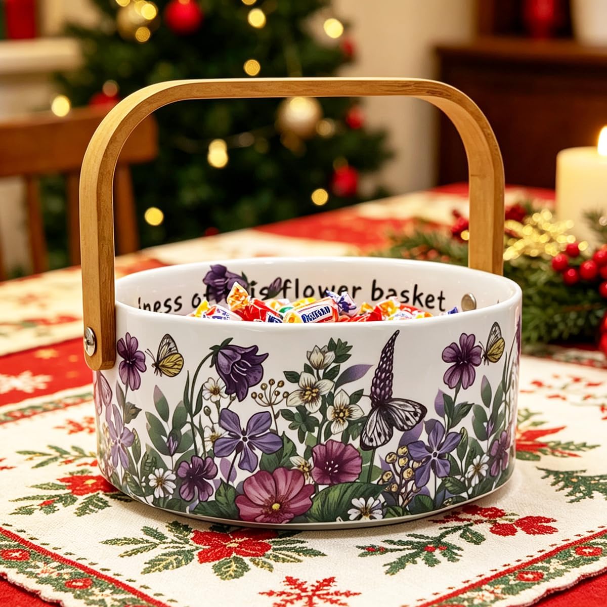 Ceramic Fruit Basket with Detachable Wooden Handle Candy Dish Decorations Ornaments Decorative Bowl for Home Kitchen & Dining Table Office Decor (Violet, 1000ml)