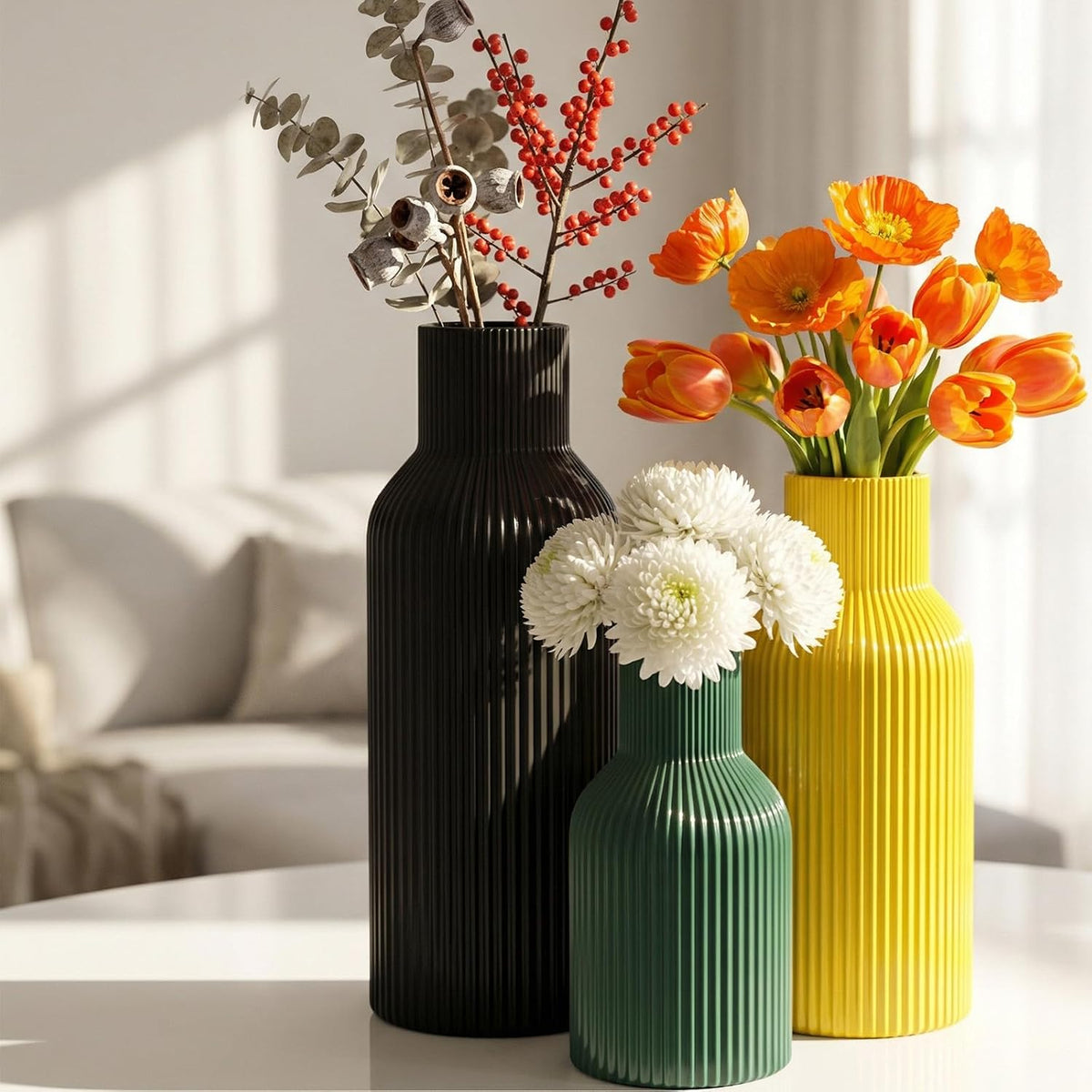 Colorful Ceramic Vases Set of 3,Smooth Vertical Ribbed, Minimalist for Pampas Dried & Fresh Flowers, Centerpiece for Living Room, Shelf, Entryway, Wedding (Black, Deep Green,Yellow)
