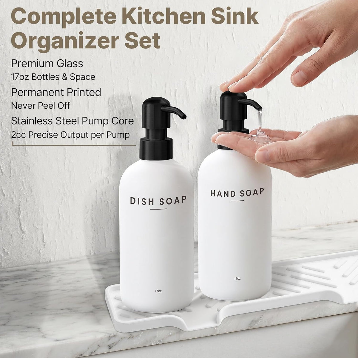 Kitchen Soap Dispenser Set with Self Draining Silicone Tray, Sponge, Brush