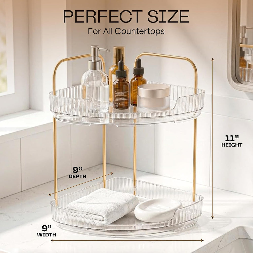 2-Tier Acrylic Corner Bathroom Organizer, 9" x 9" x 11" Large Round Countertop Shelf with Handle, Clear Acrylic Skincare & Makeup Storage Tray, Waterproof Vanity Organizer for Kitchen & Dresser