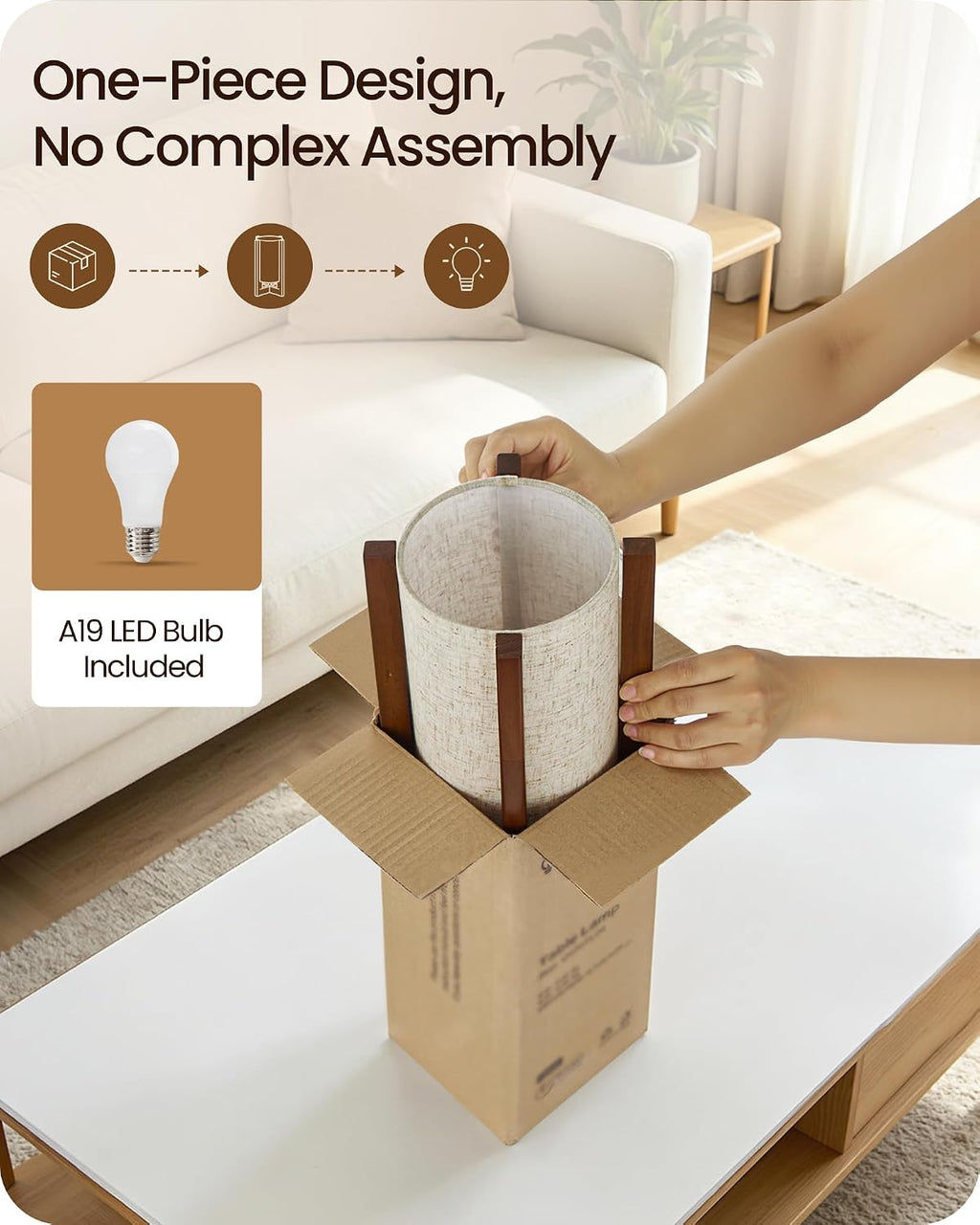 Small Bedside Lamp, 13.4" Modern Wood Table Lamp with LED Bulb