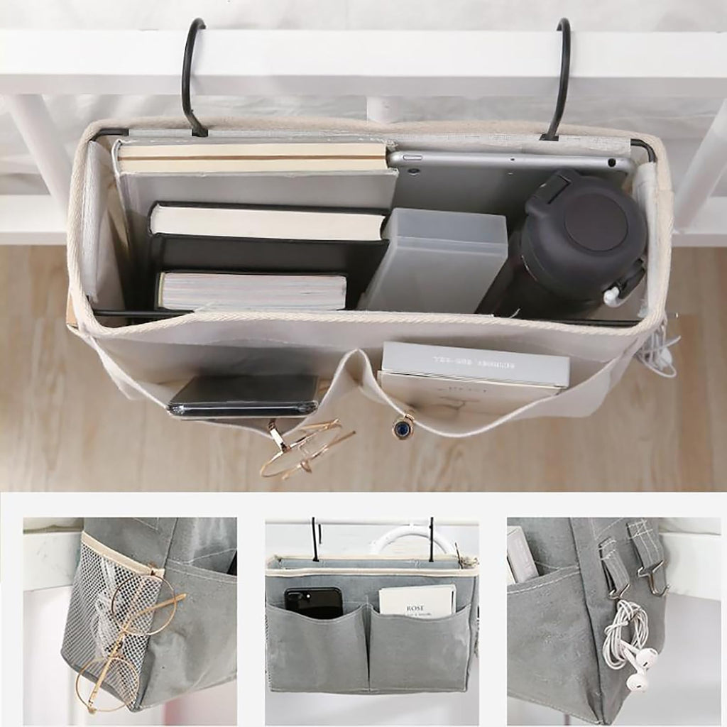 SMALL GOAL Bedside Caddy, Bedside Hanging Storage Organizer for College Dorm Bed, Bunk and Hospital Beds, Can be Placed Magazine, Books, Phones,Keys, kettle, Glasses (grey, 2pack)