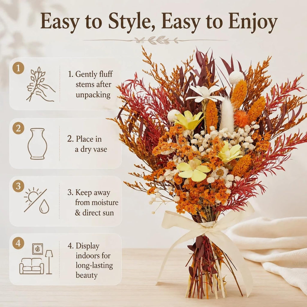 17" Dried Flower Bouquets, 100% Natural Dried Flowers with Dried Daisy,Dried Baby Breath,Eucalyptus,Orange Dried Flowers Decor for Vase Rustic Boho Home Decor,Party Fall Decor for Wedding Gift