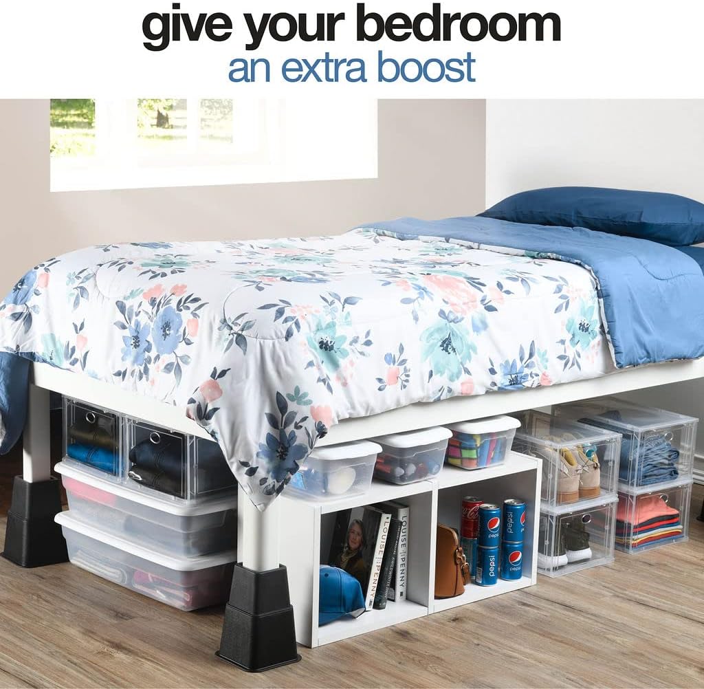 Home It Adjustable Bed Risers - Elevation in 3, 5 or 8 Inch - 4 Pack, Black